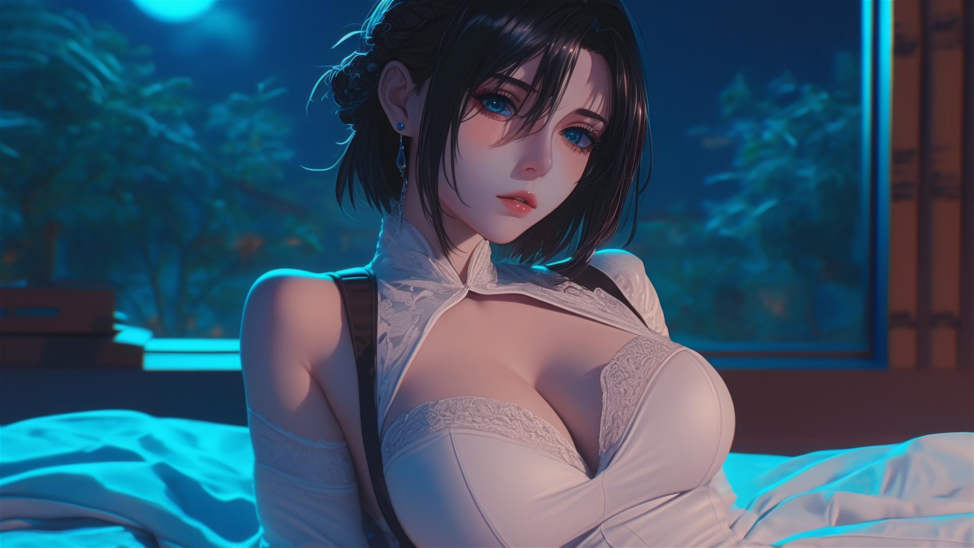 Mikasa Ackerman resting in a modern hotel room with moonlight glow
