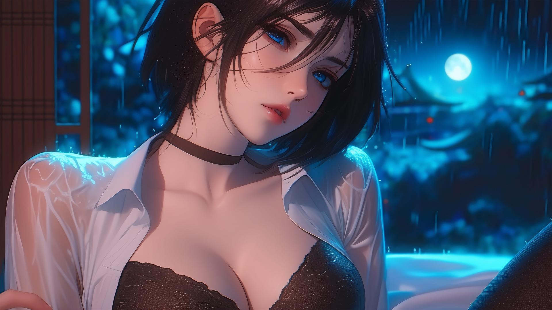 Mikasa Ackerman resting in a modern hotel room with moonlight glow and rain