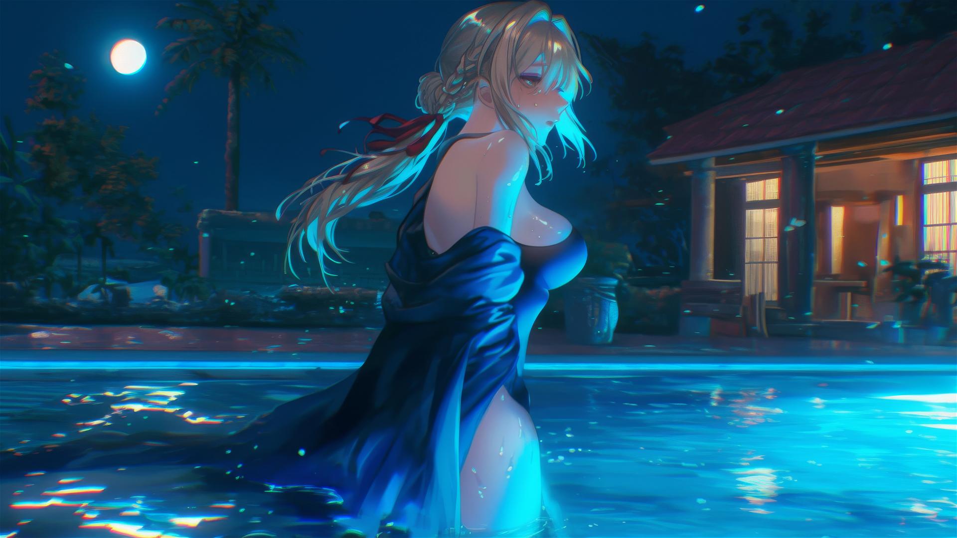 Violet Evergarden jumping out of a swimming pool under moonlight
