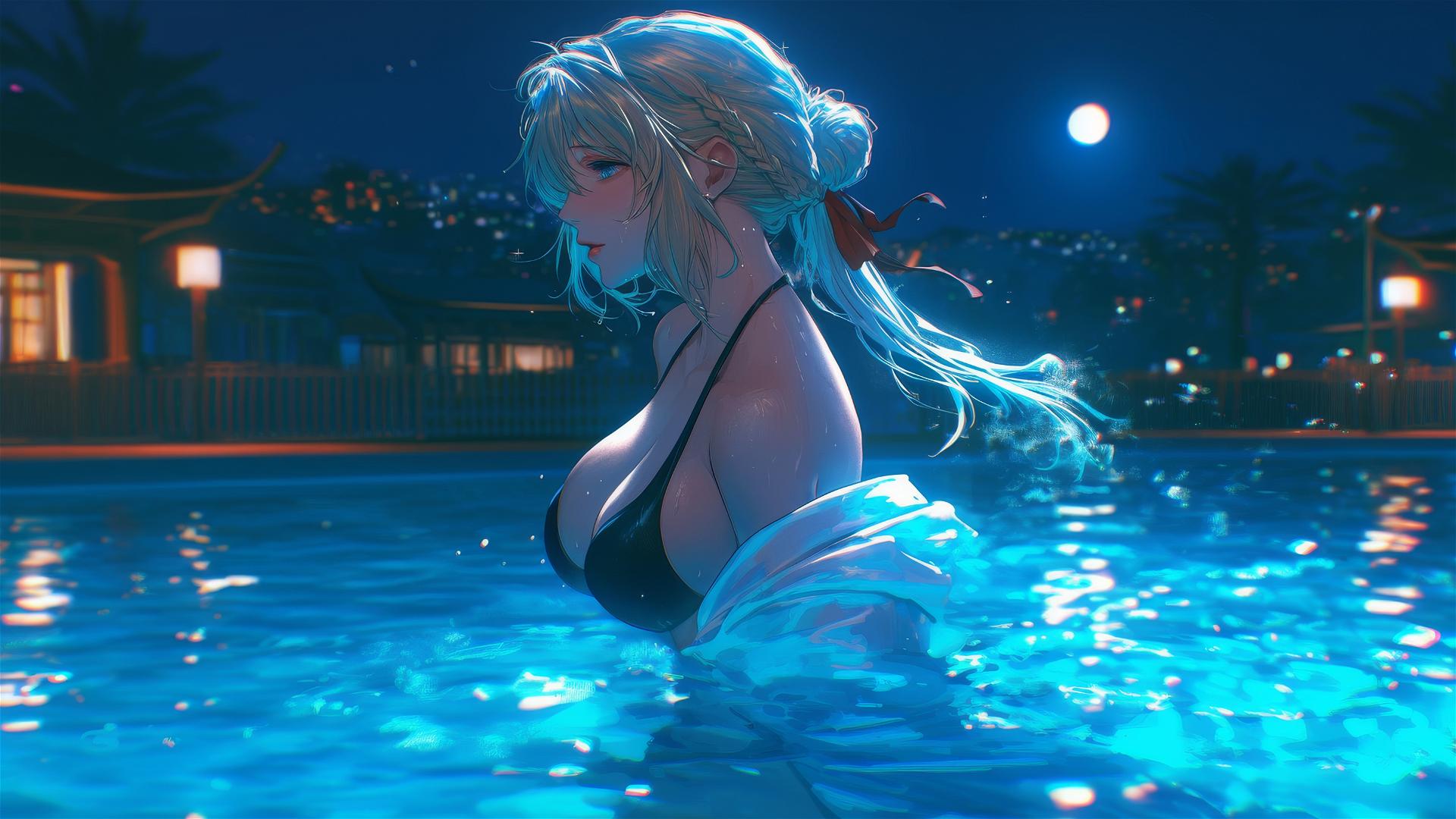 Violet Evergarden jumping out of a swimming pool under moonlight