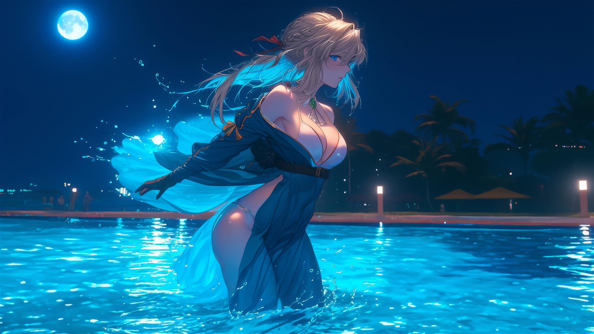 Violet Evergarden jumping out of swimming pool under moonlight