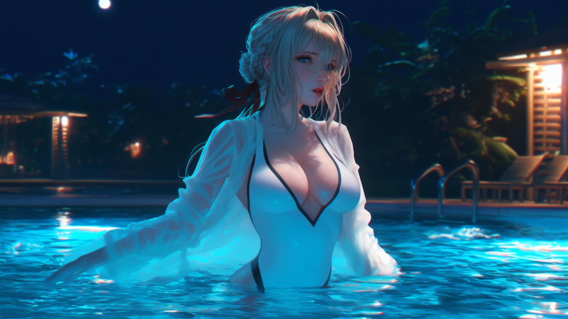 Violet Evergarden jumping out of a swimming pool under moonlight.