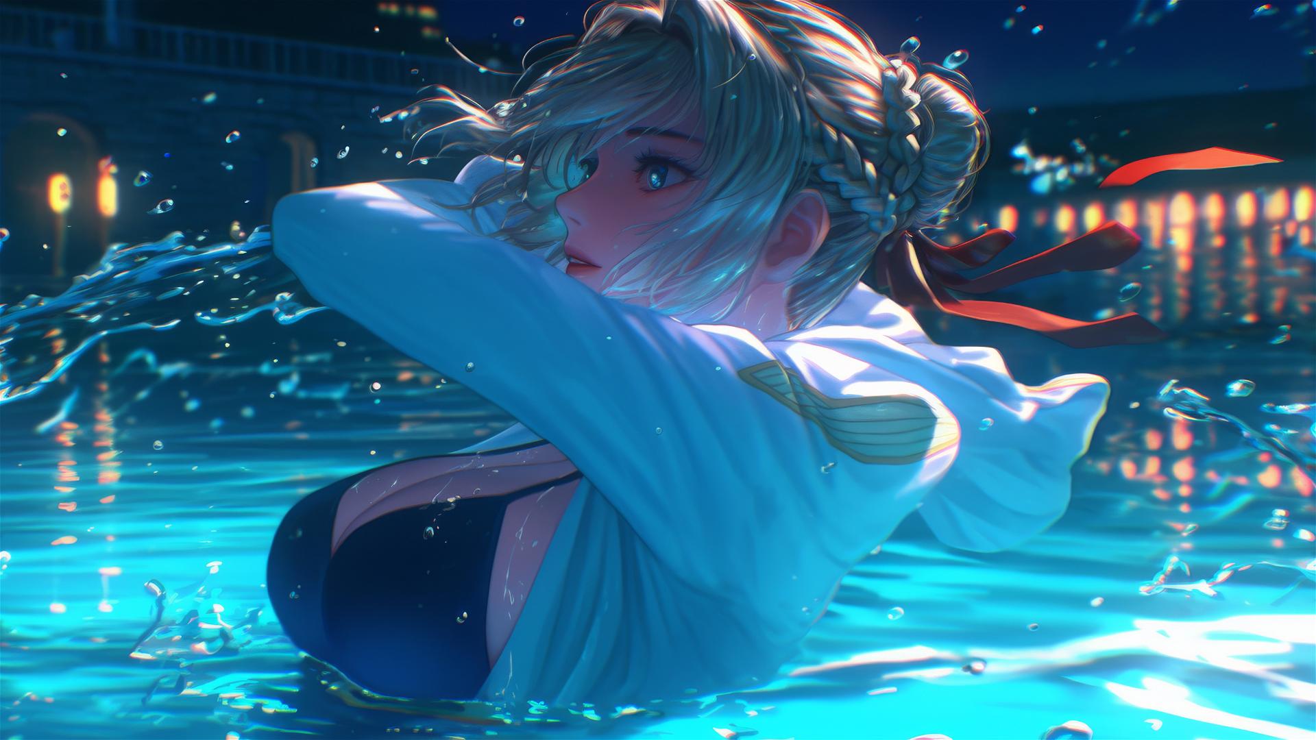 Violet Evergarden jumping out of a swimming pool under moonlight
