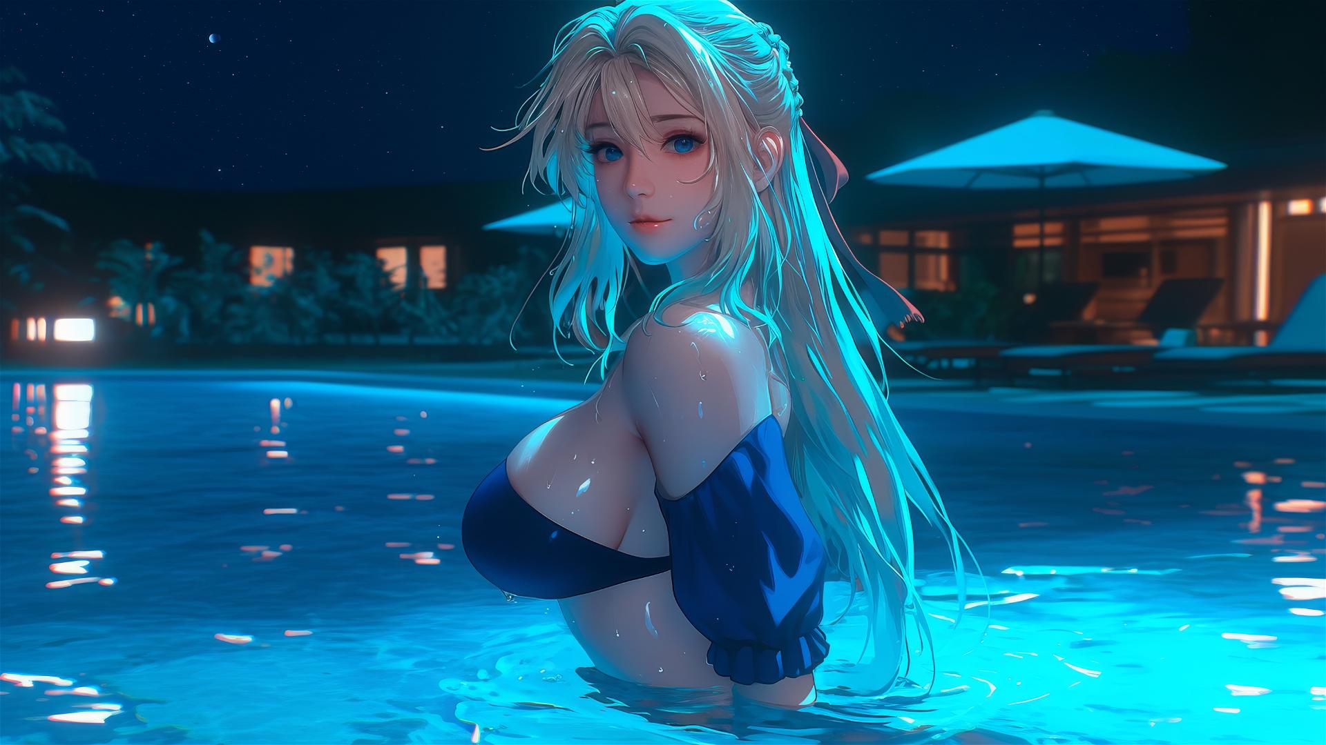 Violet Evergarden jumping out of a swimming pool under moonlight