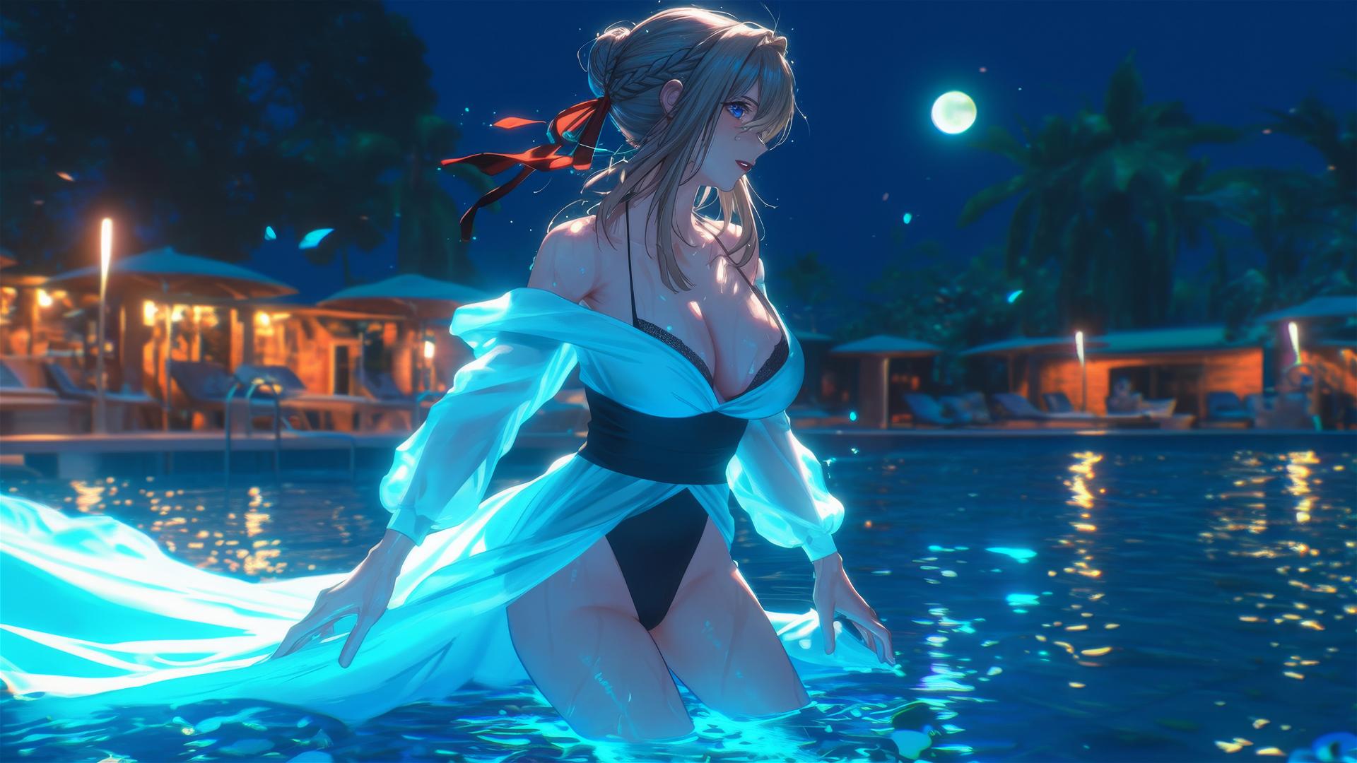 Violet Evergarden jumps out of a swimming pool under moonlight
