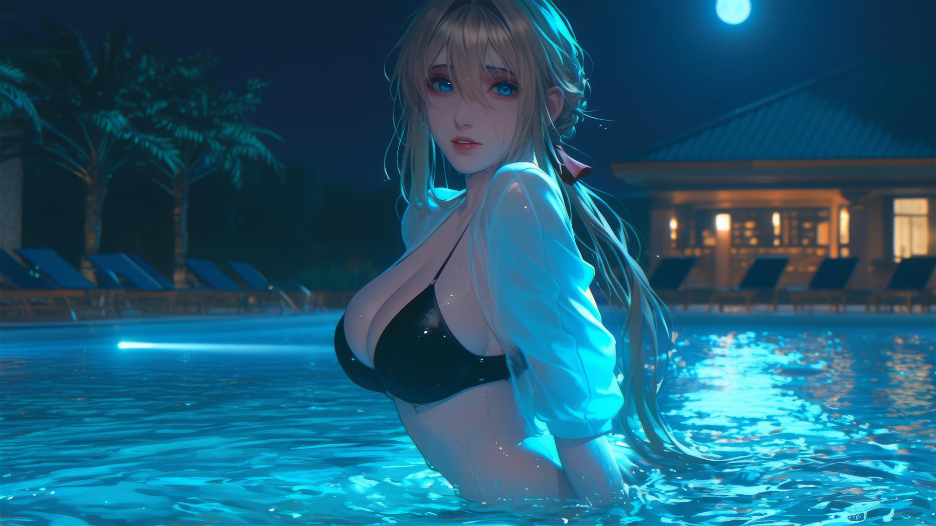 Violet Evergarden jumps from a swimming pool under moonlight.