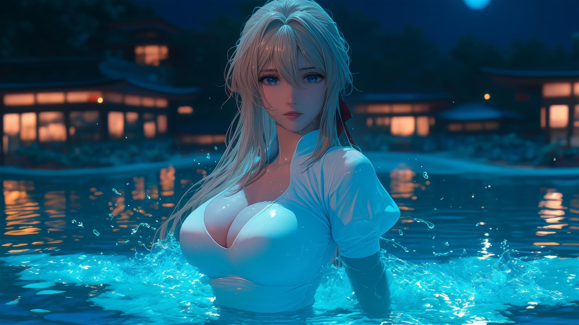 Violet Evergarden jumps out of a swimming pool under moonlight.