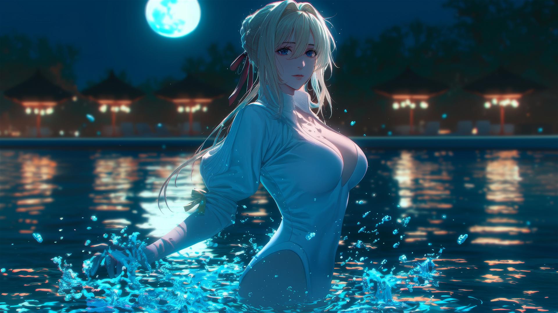 Violet Evergarden jumping from a pool under moonlight