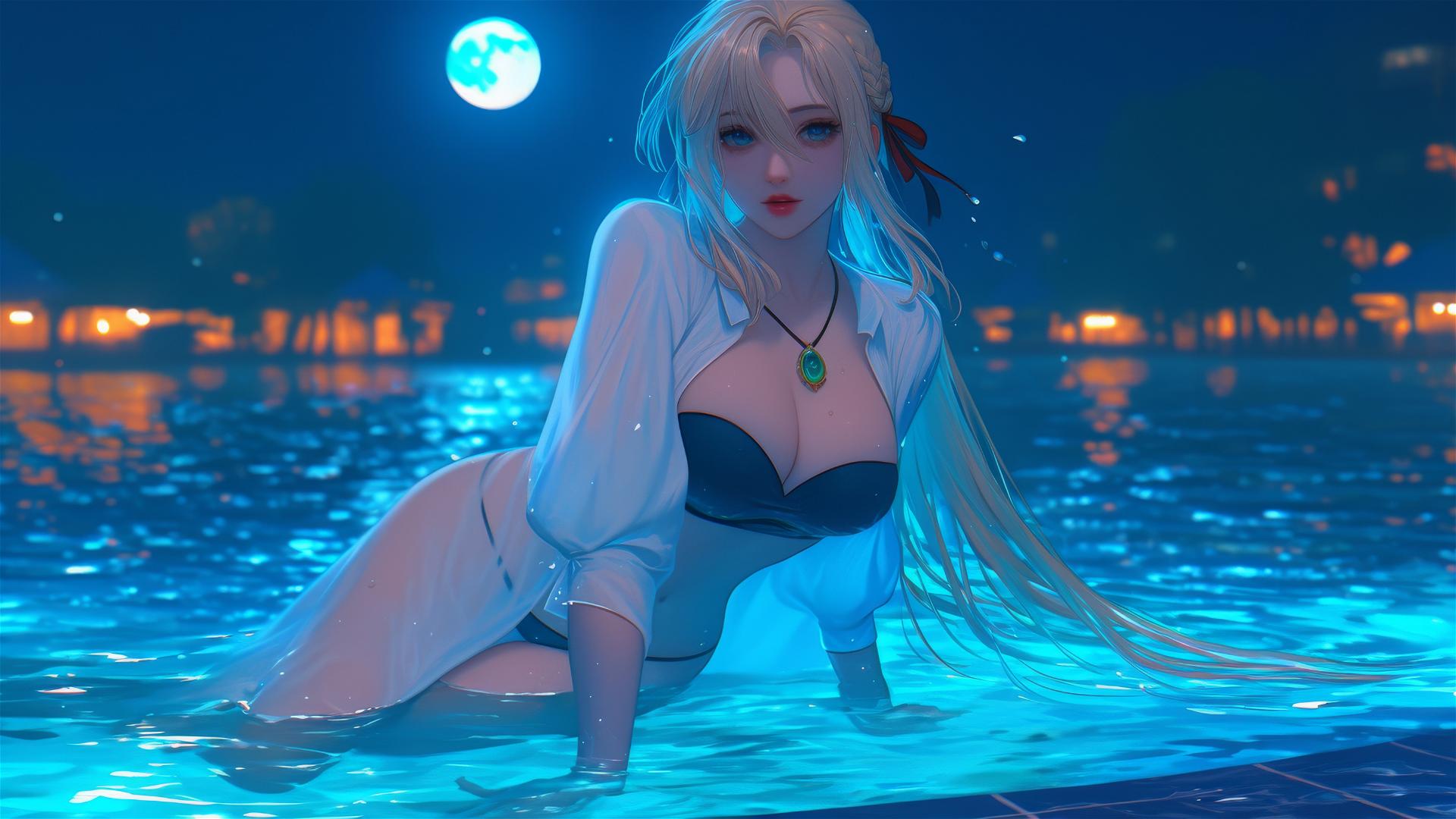 Violet Evergarden jumps out of pool under moonlight glow