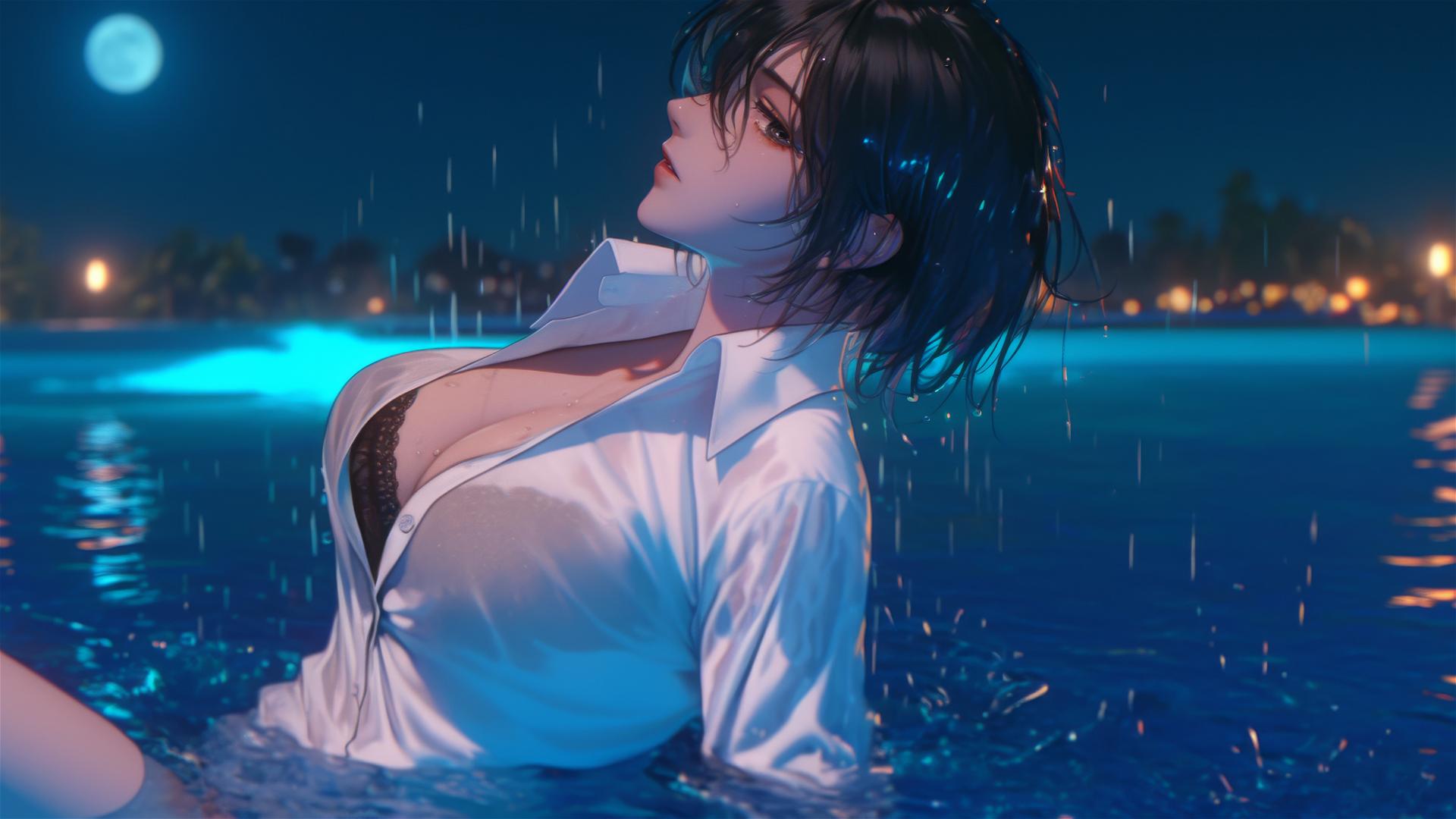Mikasa Ackerman jumping out of a rainy swimming pool in a white office shirt under moonlight.