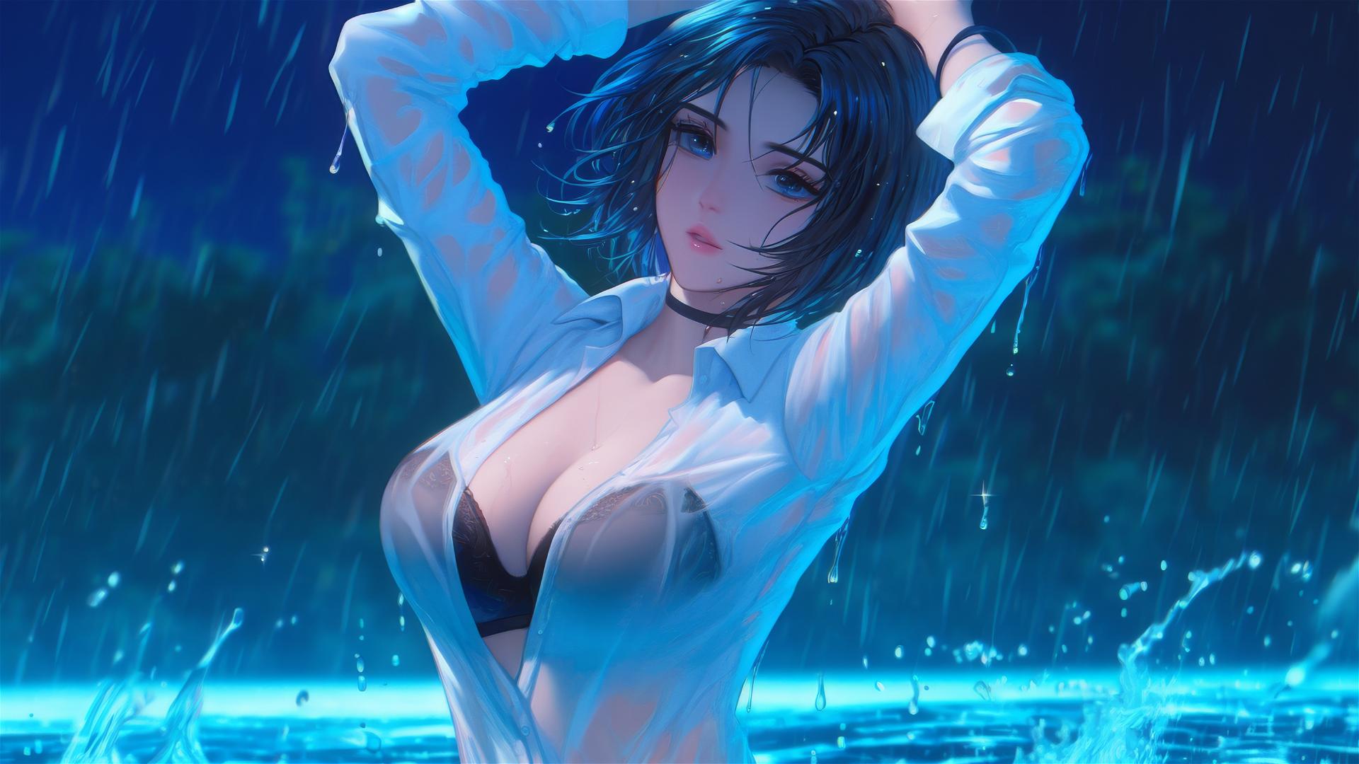 Mikasa Ackerman jumping out of a rainy swimming pool under moonlight.