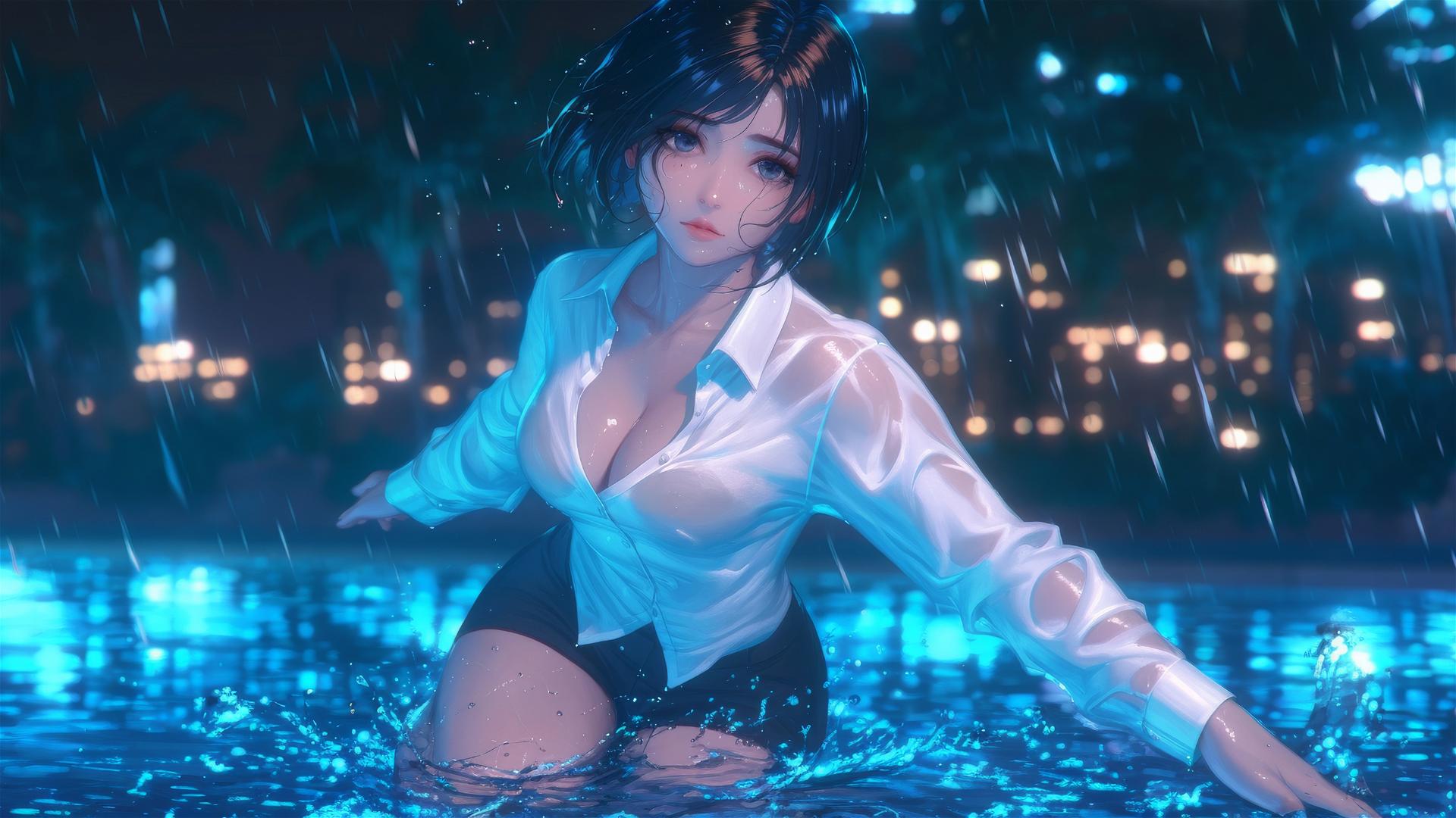 Mikasa Ackerman jumps out of a rainy pool under moonlight, wearing a white shirt