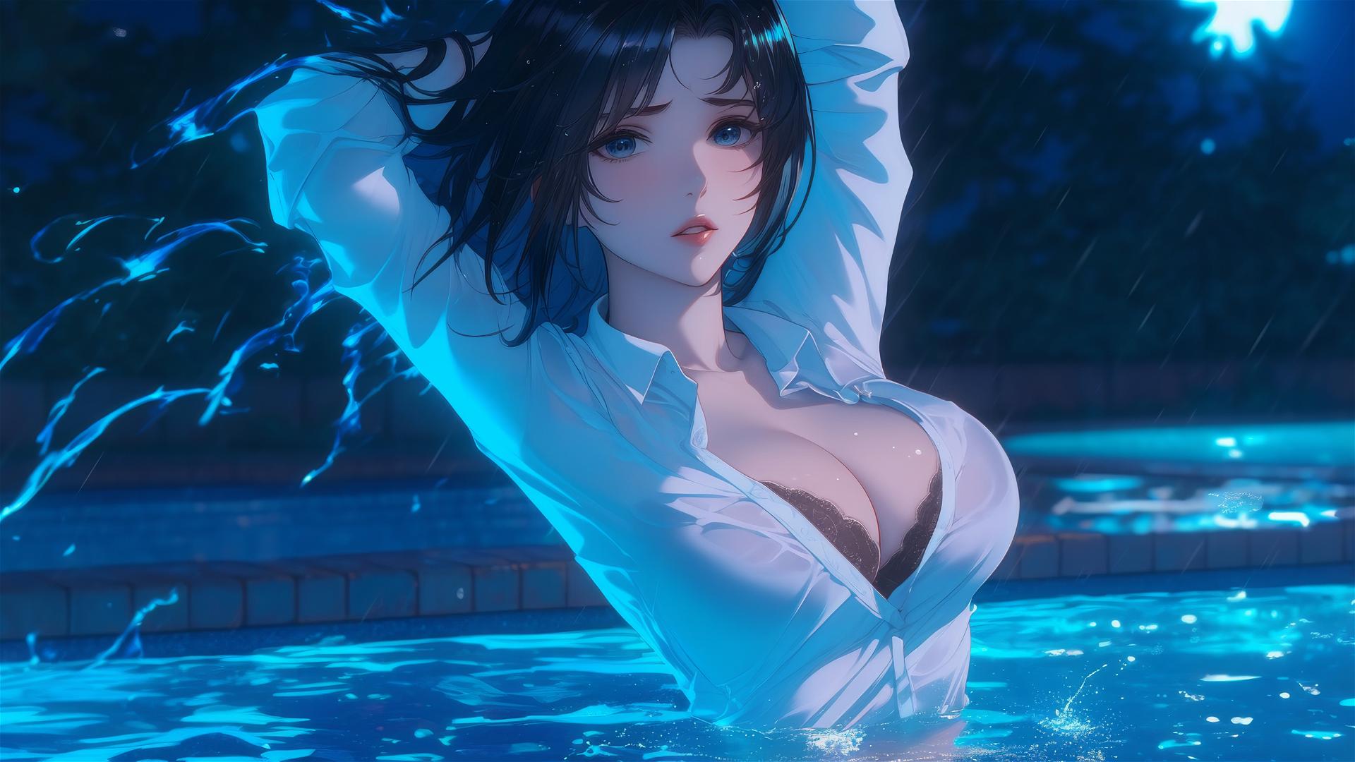 Mikasa Ackerman in white shirt jumping out of a rainy pool under moonlight