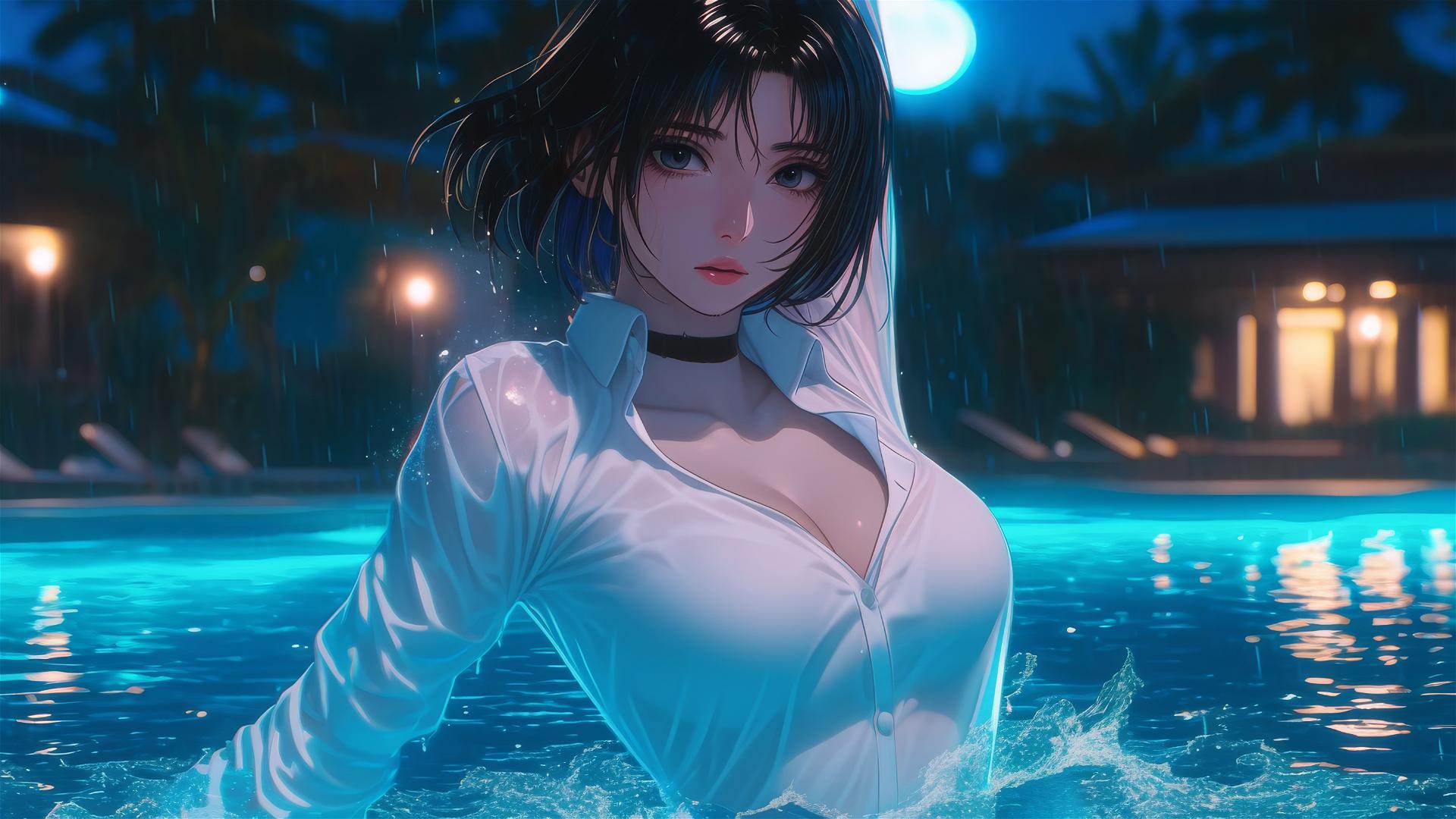 Mikasa Ackerman in white office shirt jumping out of rainy swimming pool with moonlight