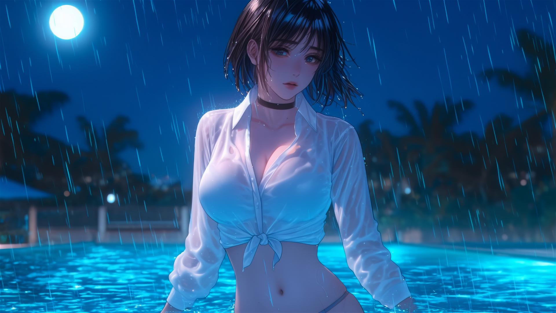 Mikasa Ackerman in white shirt, jumping out of rainy pool, moonlit.