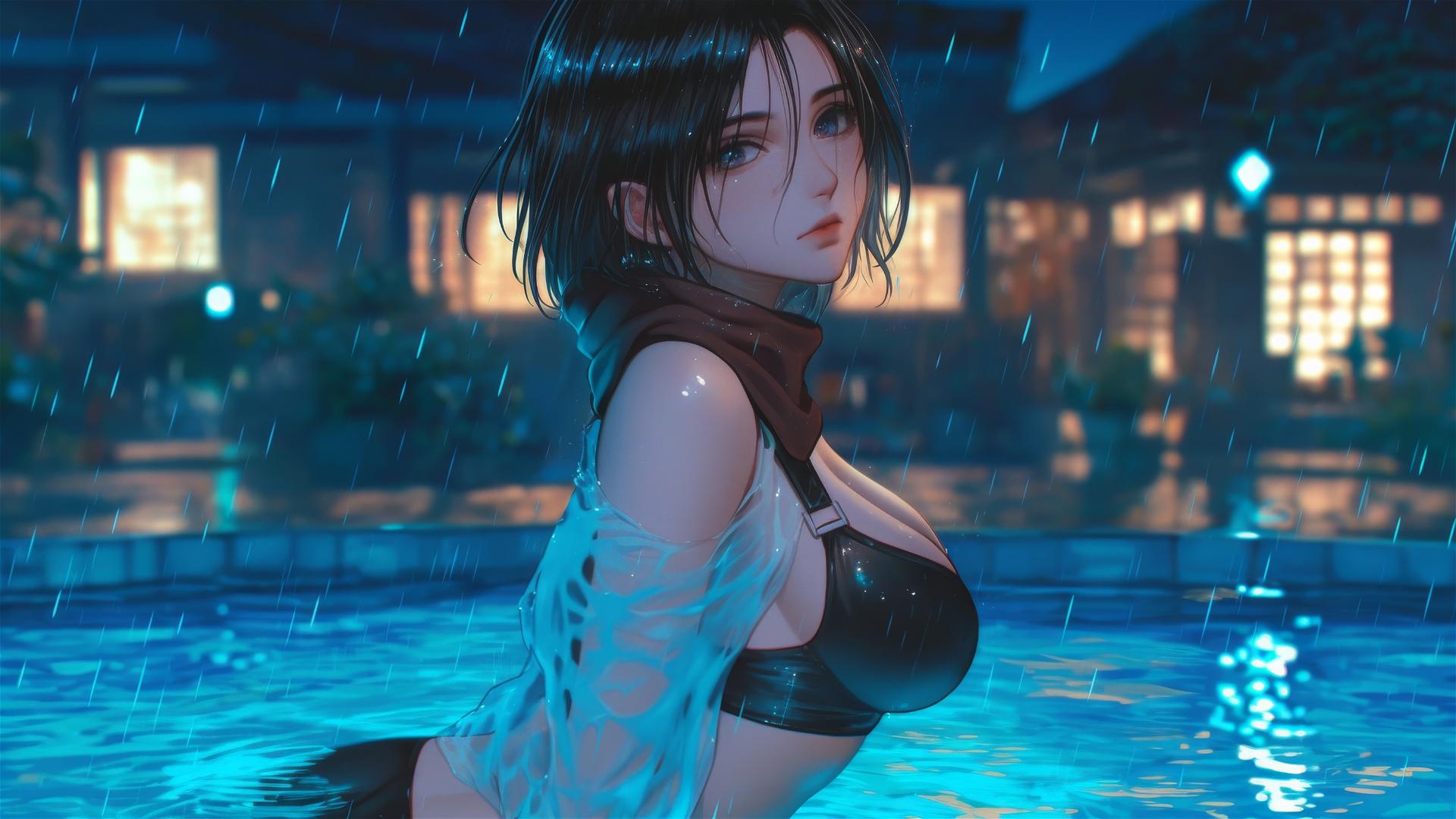 Mikasa Ackerman jumping out of a rainy swimming pool under moonlight