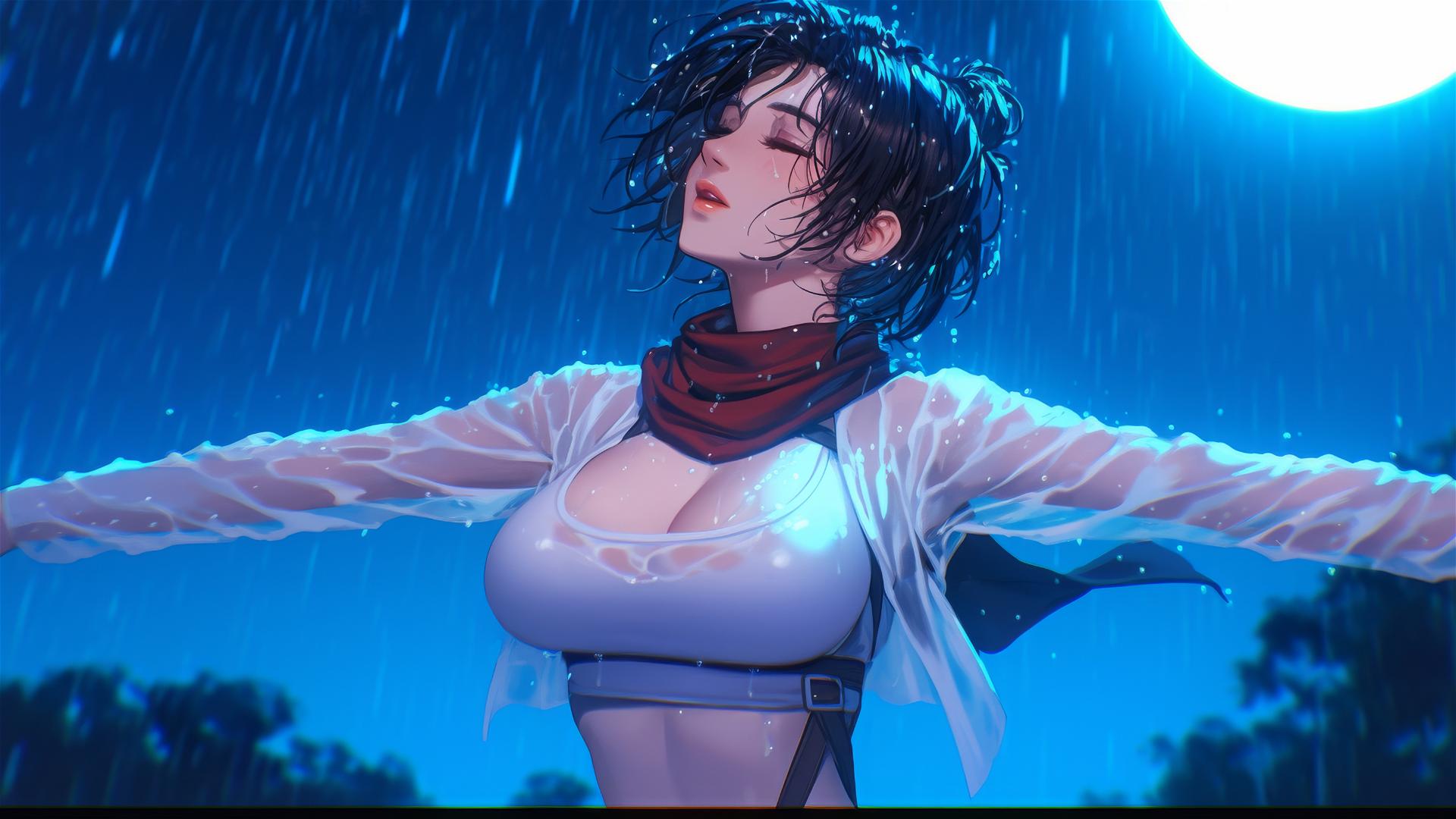 Mikasa Ackerman jumping out of a rainy swimming pool under moonlight