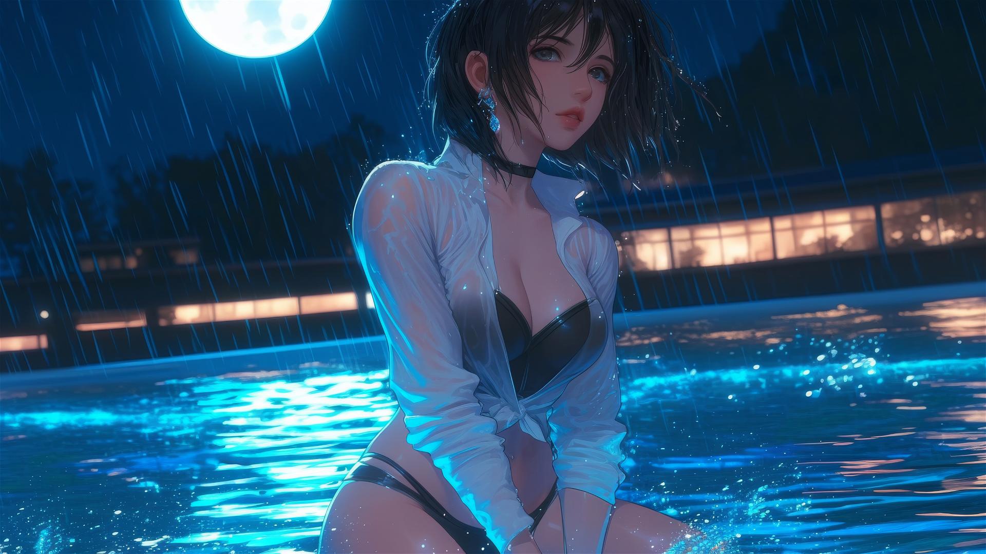 Mikasa Ackerman jumping out of a rainy pool under moonlight