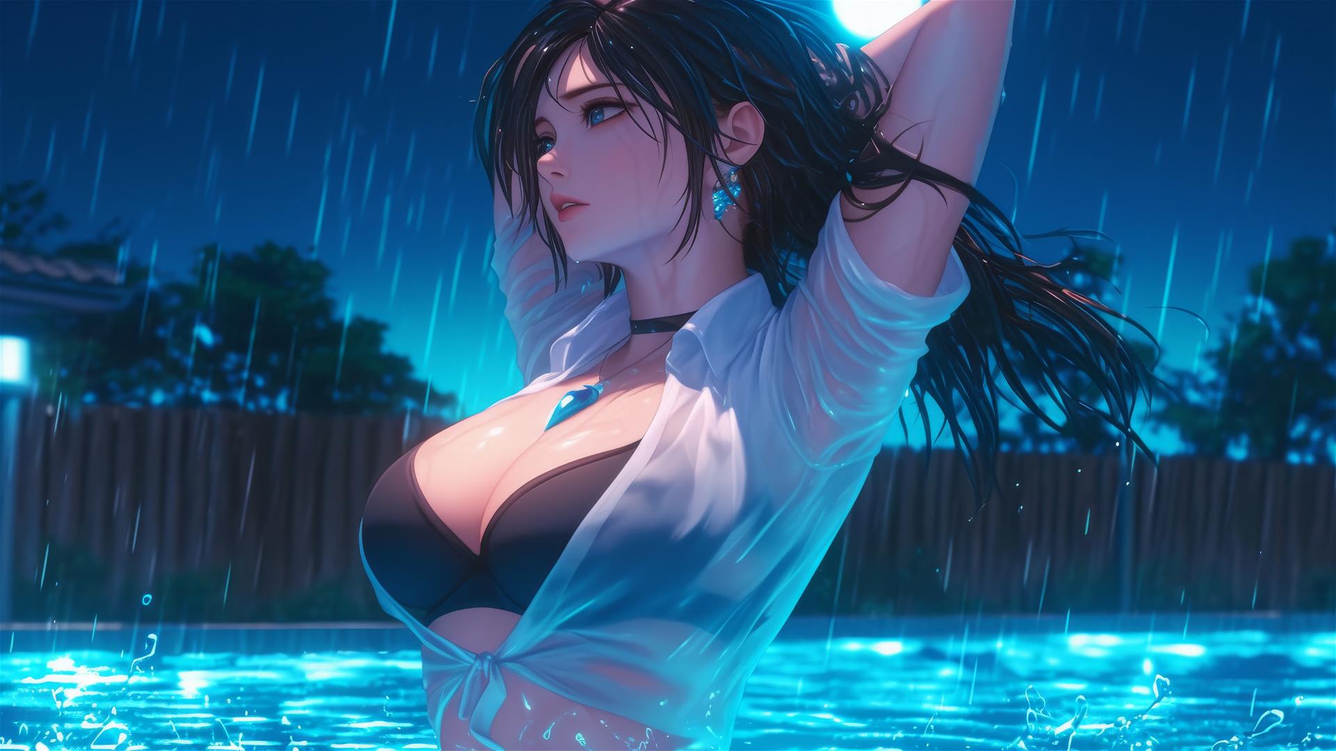 Mikasa Ackerman jumping out of a rainy swimming pool under moonlight.