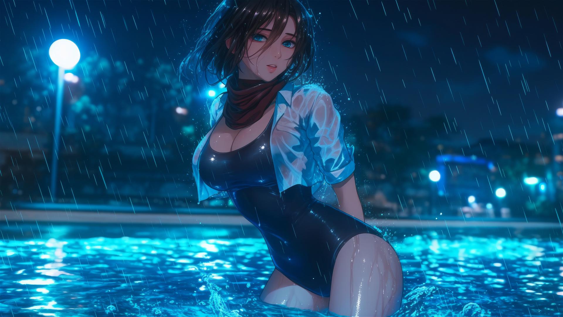 Mikasa Ackerman jumping out of a rainy swimming pool under moonlight