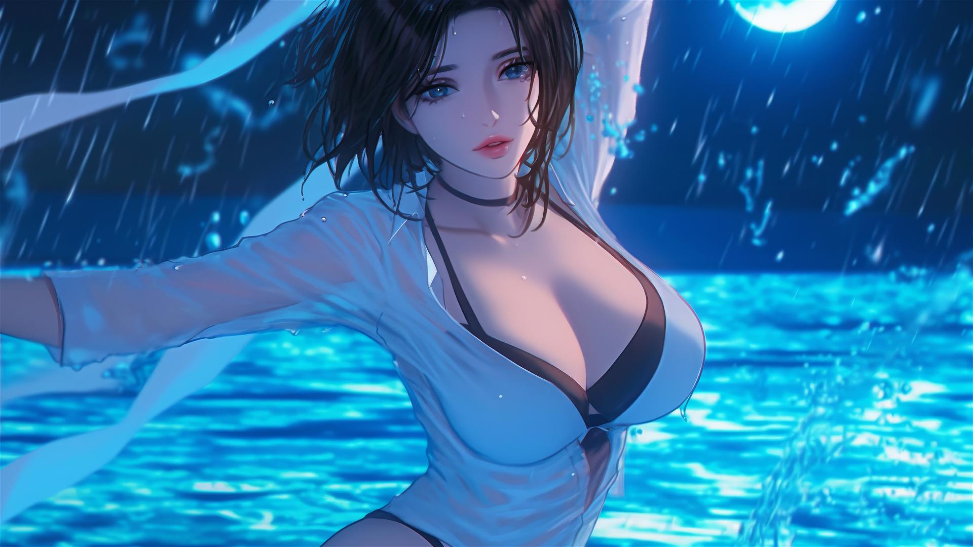 Mikasa Ackerman jumping out of a rainy swimming pool under moonlight