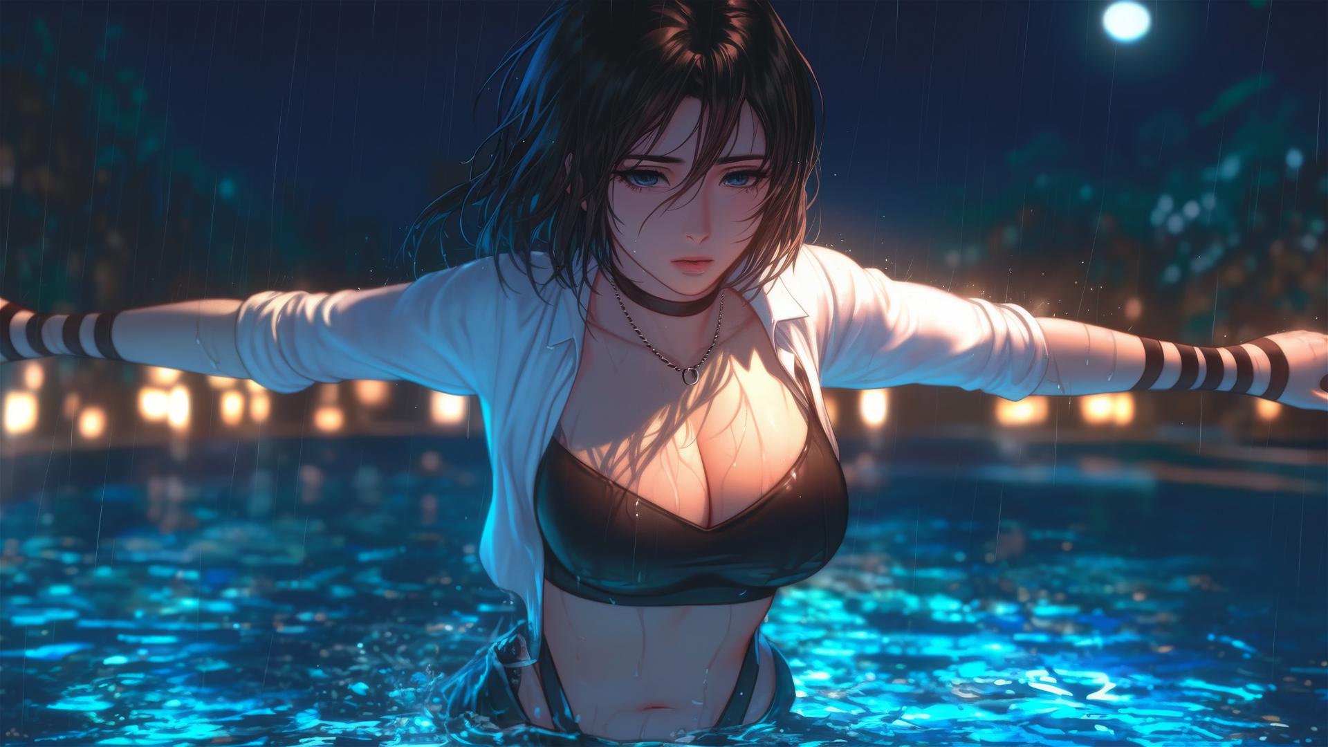 Mikasa Ackerman from Attack on Titan jumping out of a rainy swimming pool under moonlight.
