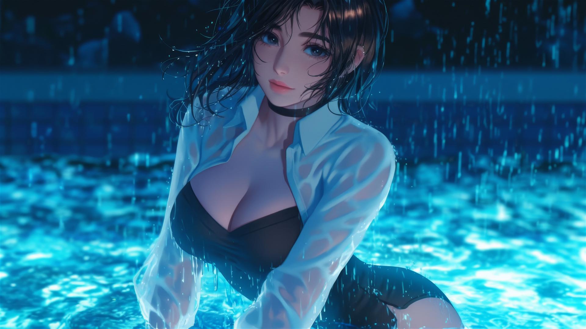 Mikasa Ackerman from Attack on Titan jumping out of a rainy swimming pool in moonlight.