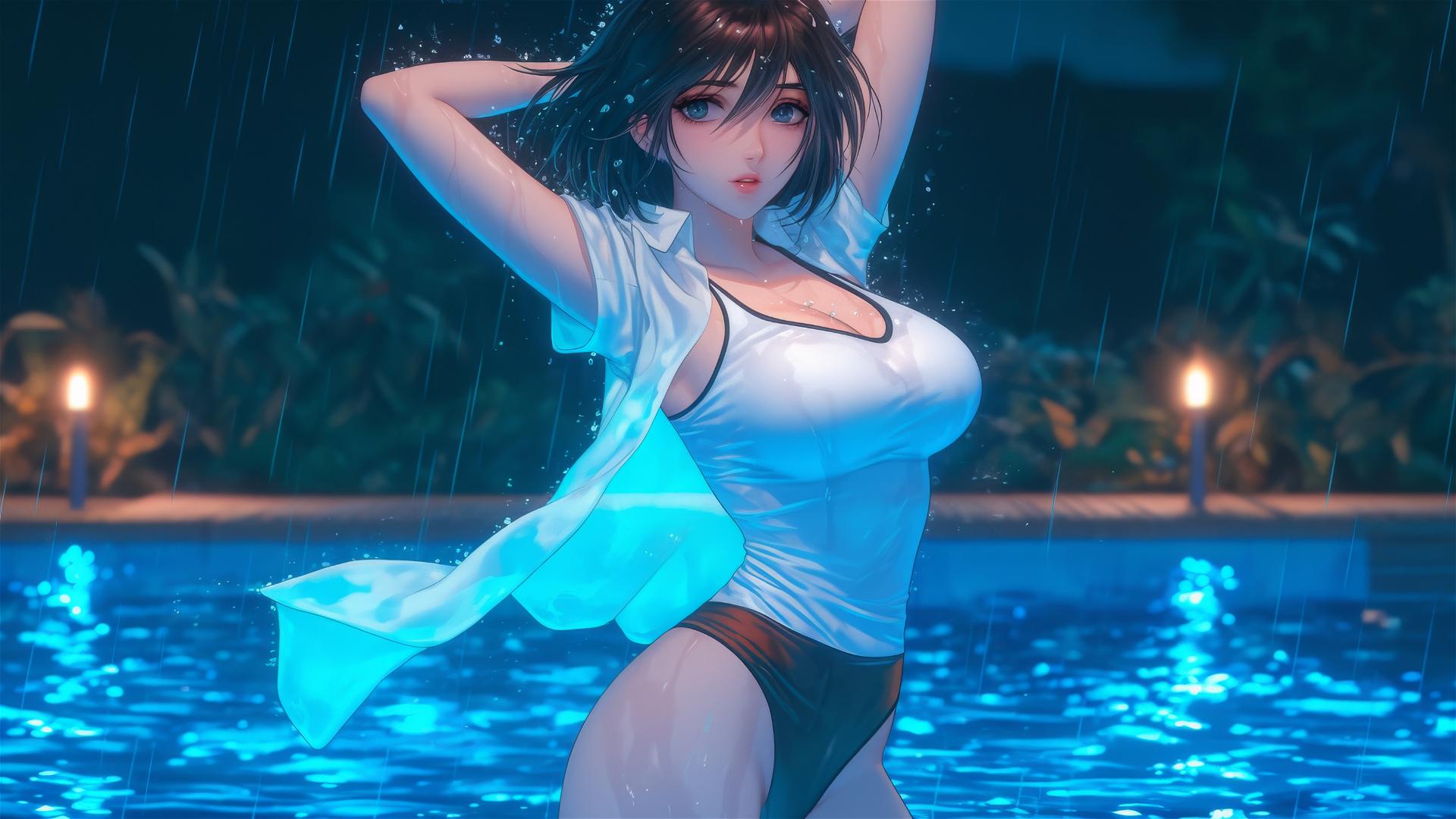 Mikasa Ackerman jumping from a pool, under moonlight