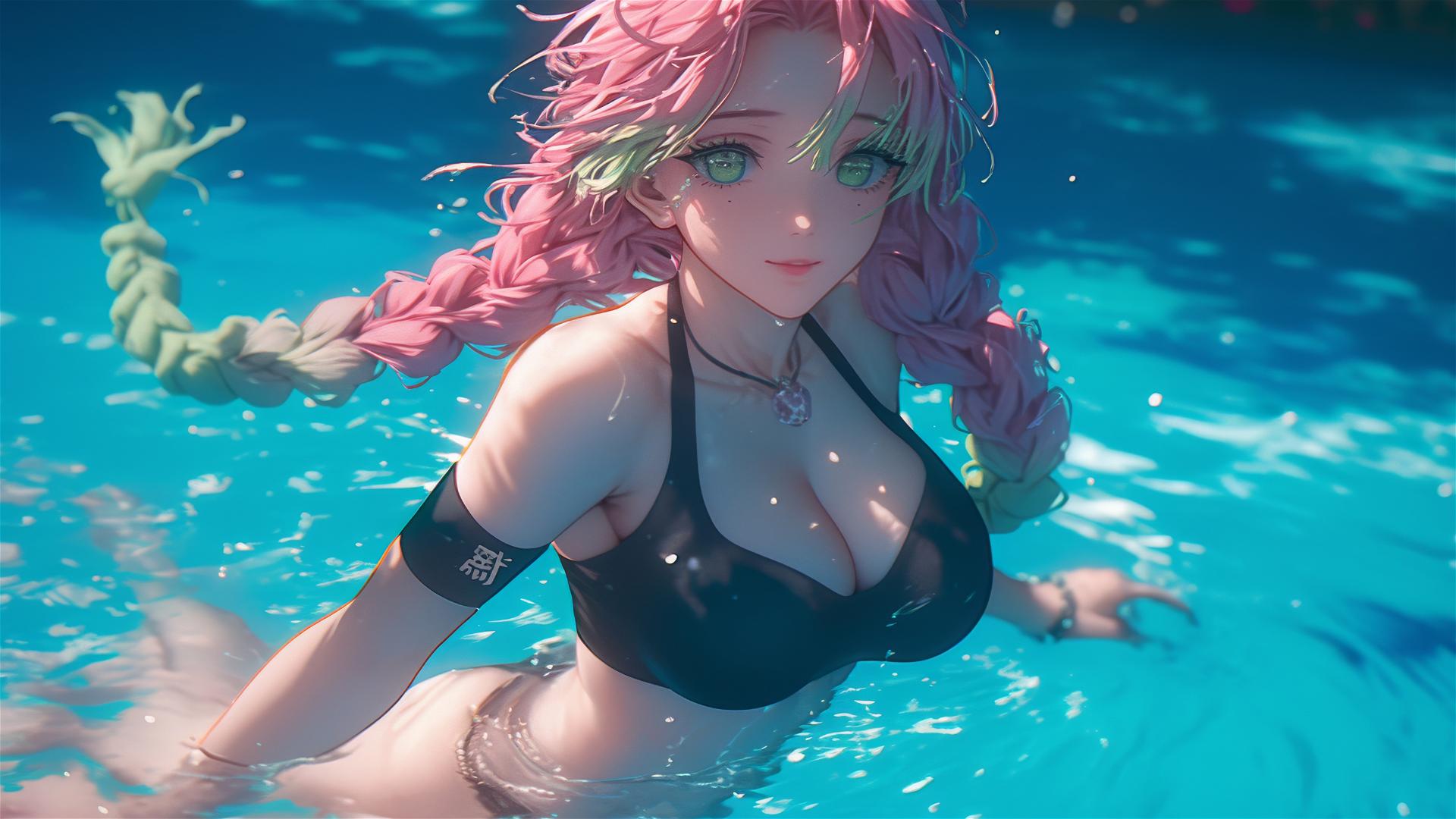 Mitsuri Kanroji from Demon Slayer, jumping out of a swimming pool under moonlight