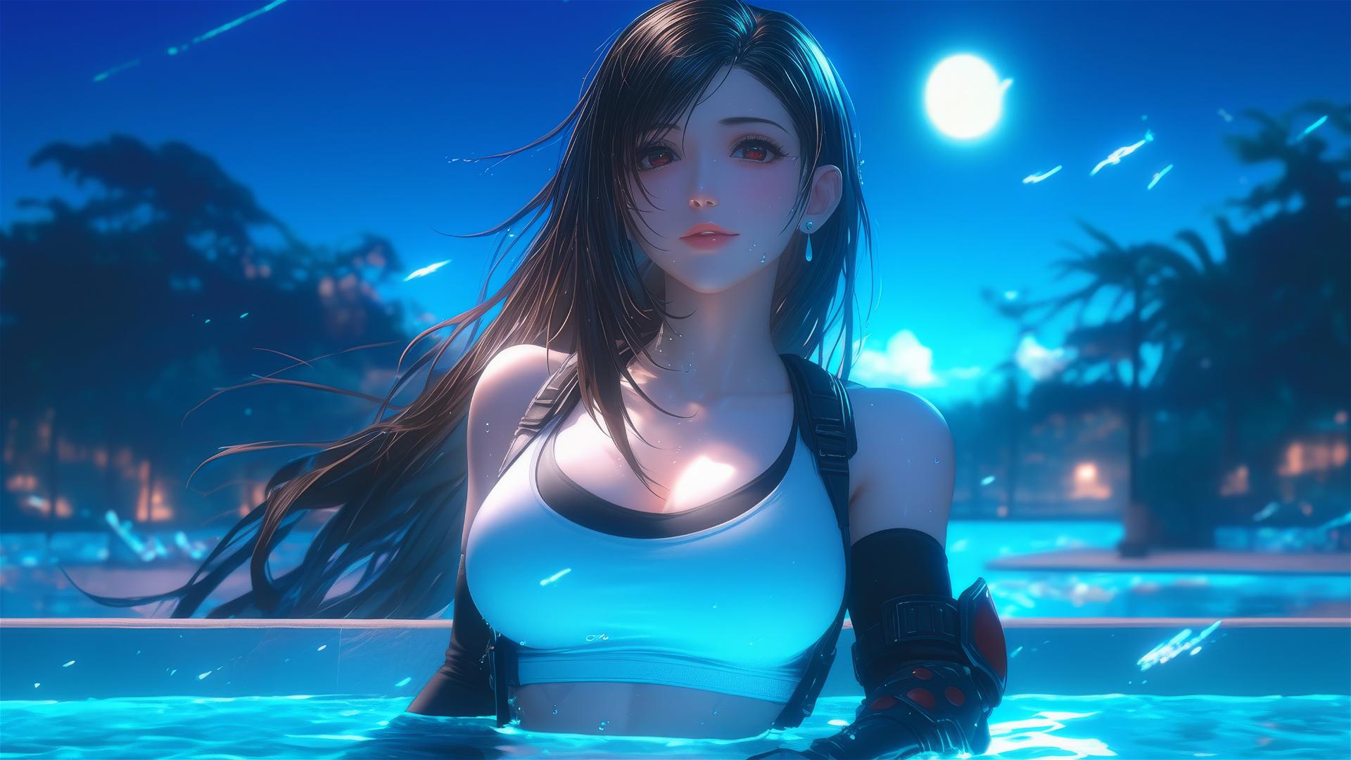Tifa Lockhart resting by a pool under moonlight