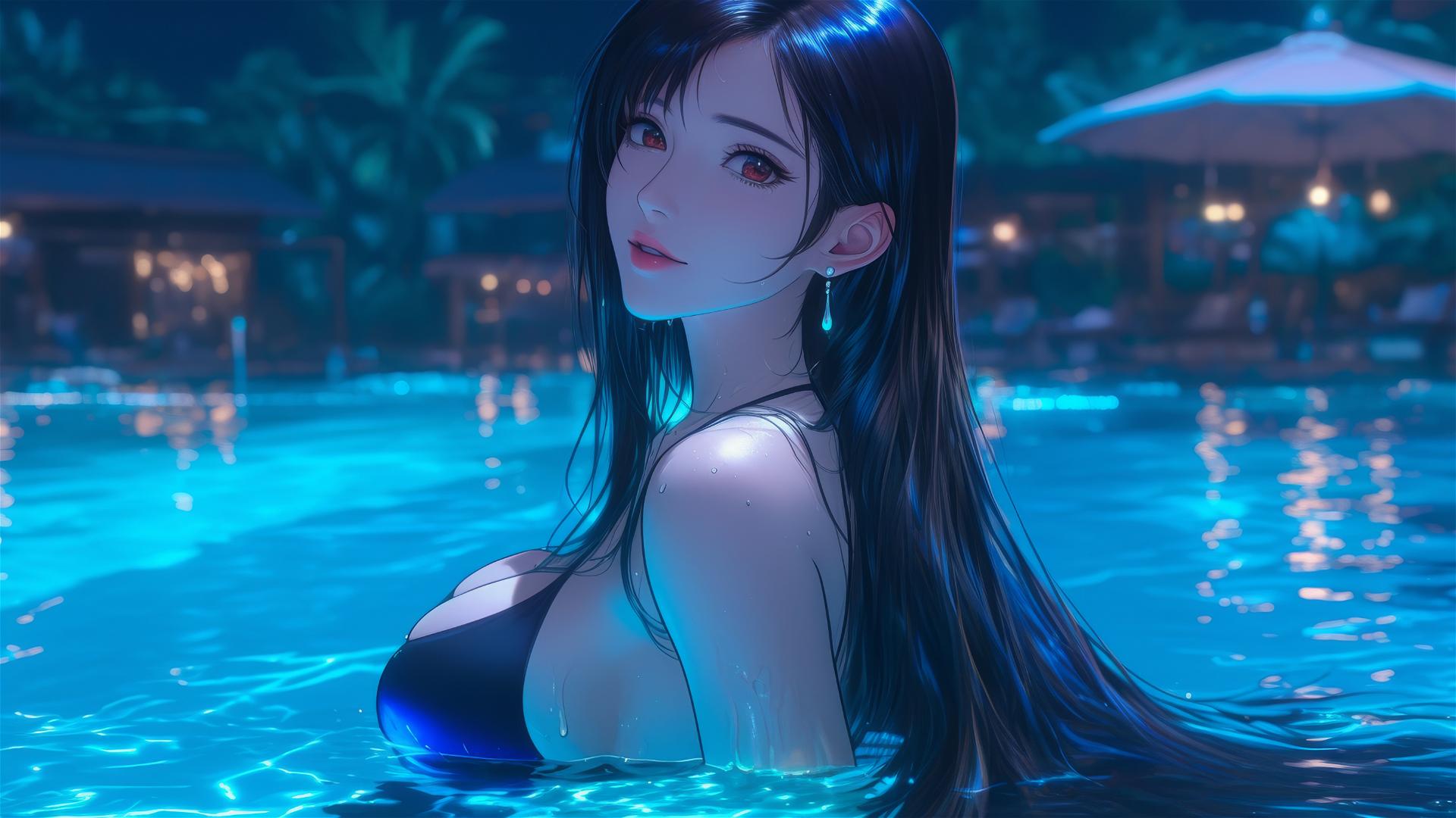 Tifa Lockhart from Final Fantasy resting by a swimming pool under moonlight.