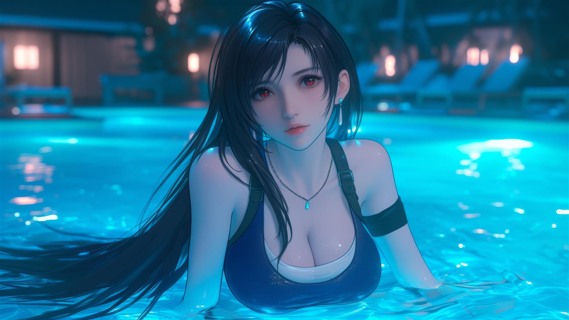 Tifa Lockhart from Final Fantasy relaxing by a swimming pool under moonlight.