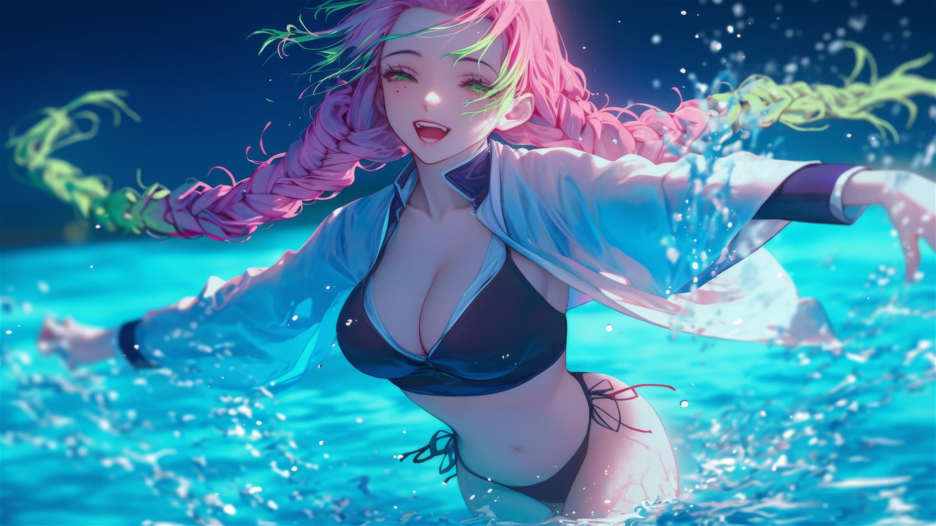 Mitsuri Kanroji from Demon Slayer jumping out of a swimming pool under moonlight.