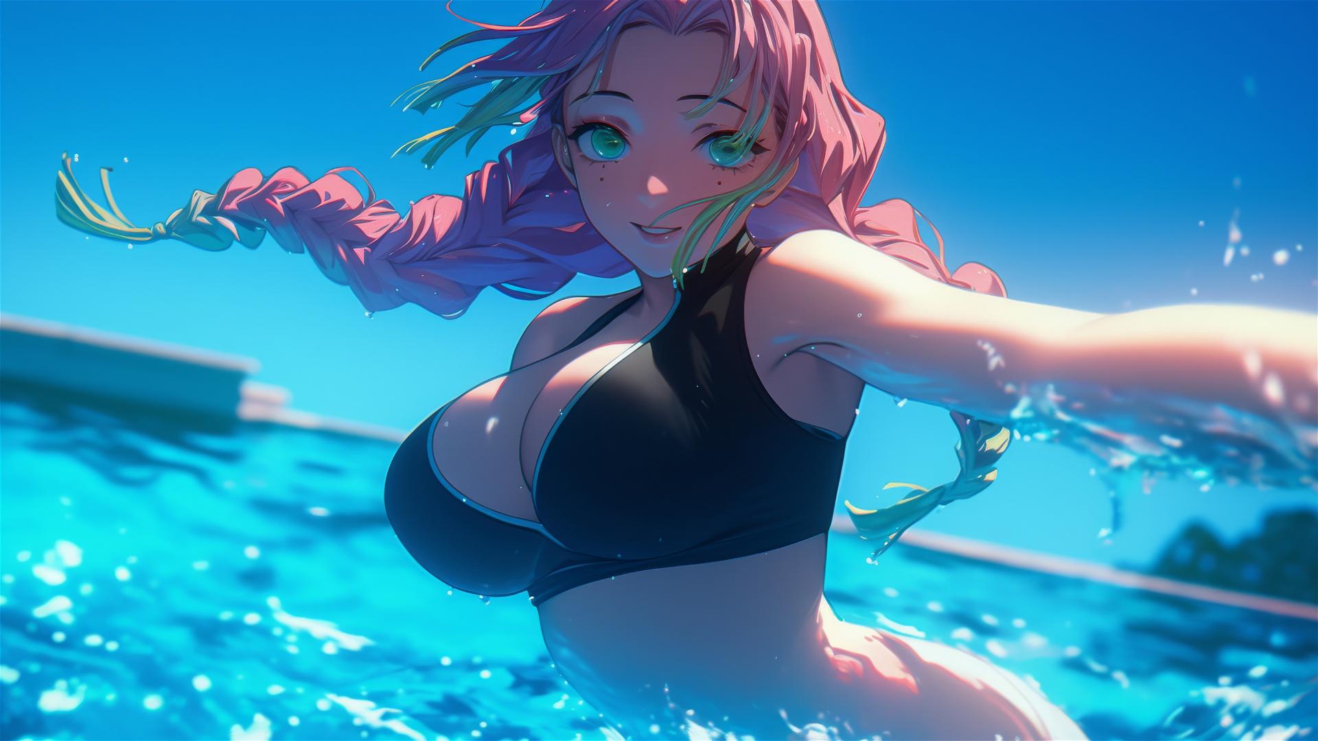 Mitsuri Kanroji from Demon Slayer jumping out of a swimming pool under moonlight.