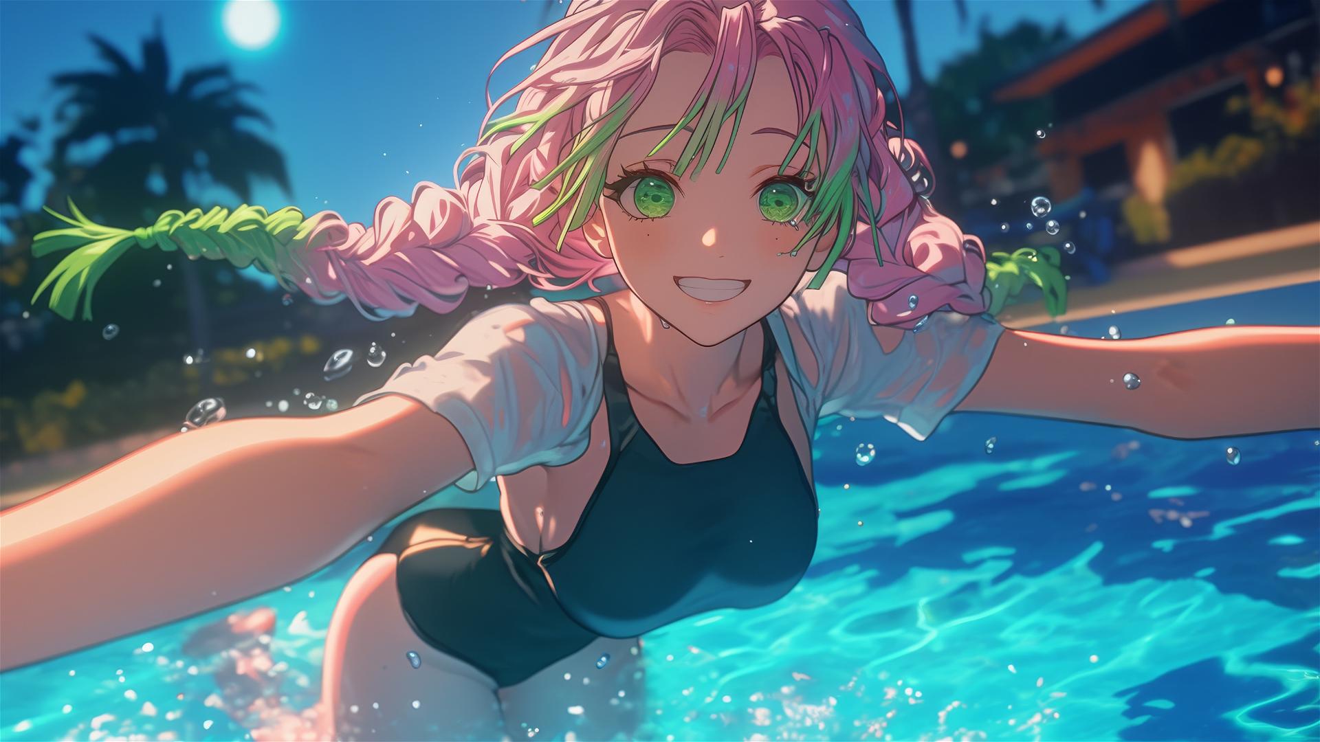 Mitsuri Kanroji jumping from pool under moonlight, pink to green hair