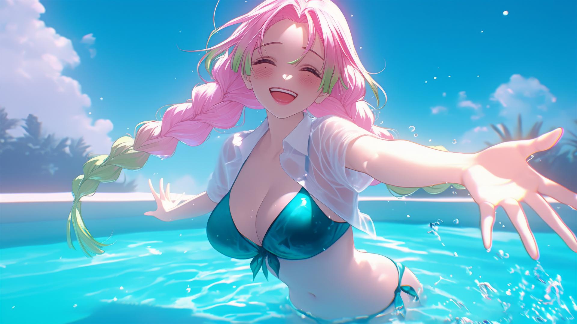 Mitsuri Kanroji jumping from pool, moonlit pink and green hair