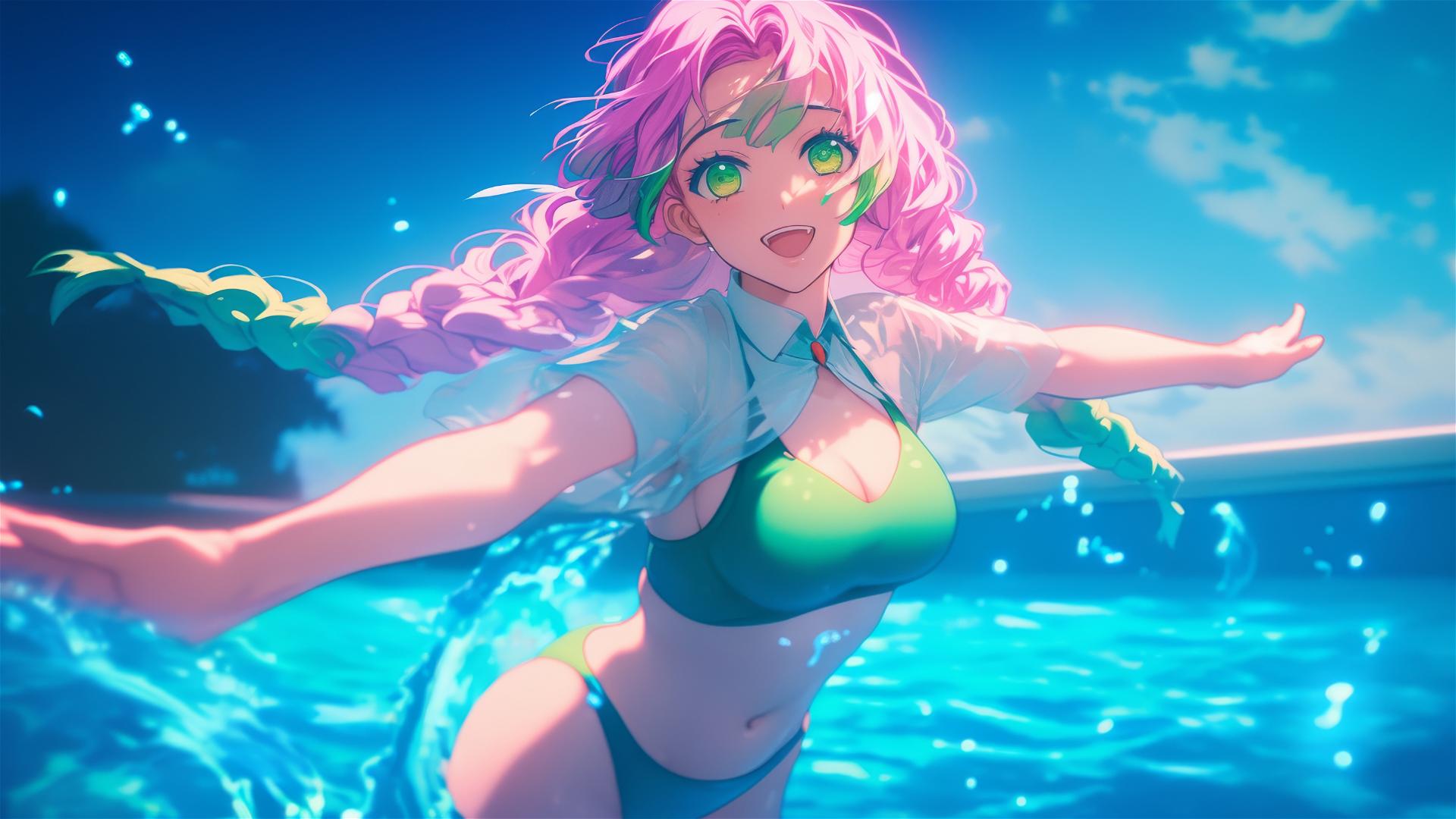 Mitsuri Kanroji from Demon Slayer, jumping from a pool under moonlight