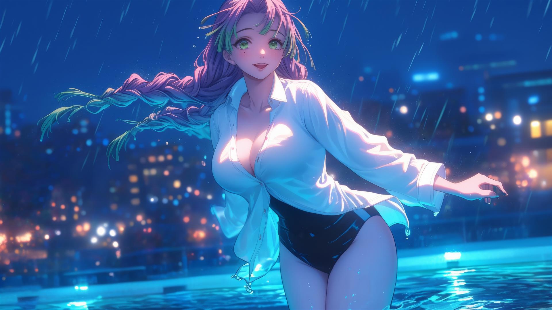 Mitsuri Kanroji with pink and lime green hair, jumping out of a pool in a white office shirt under moonlight.