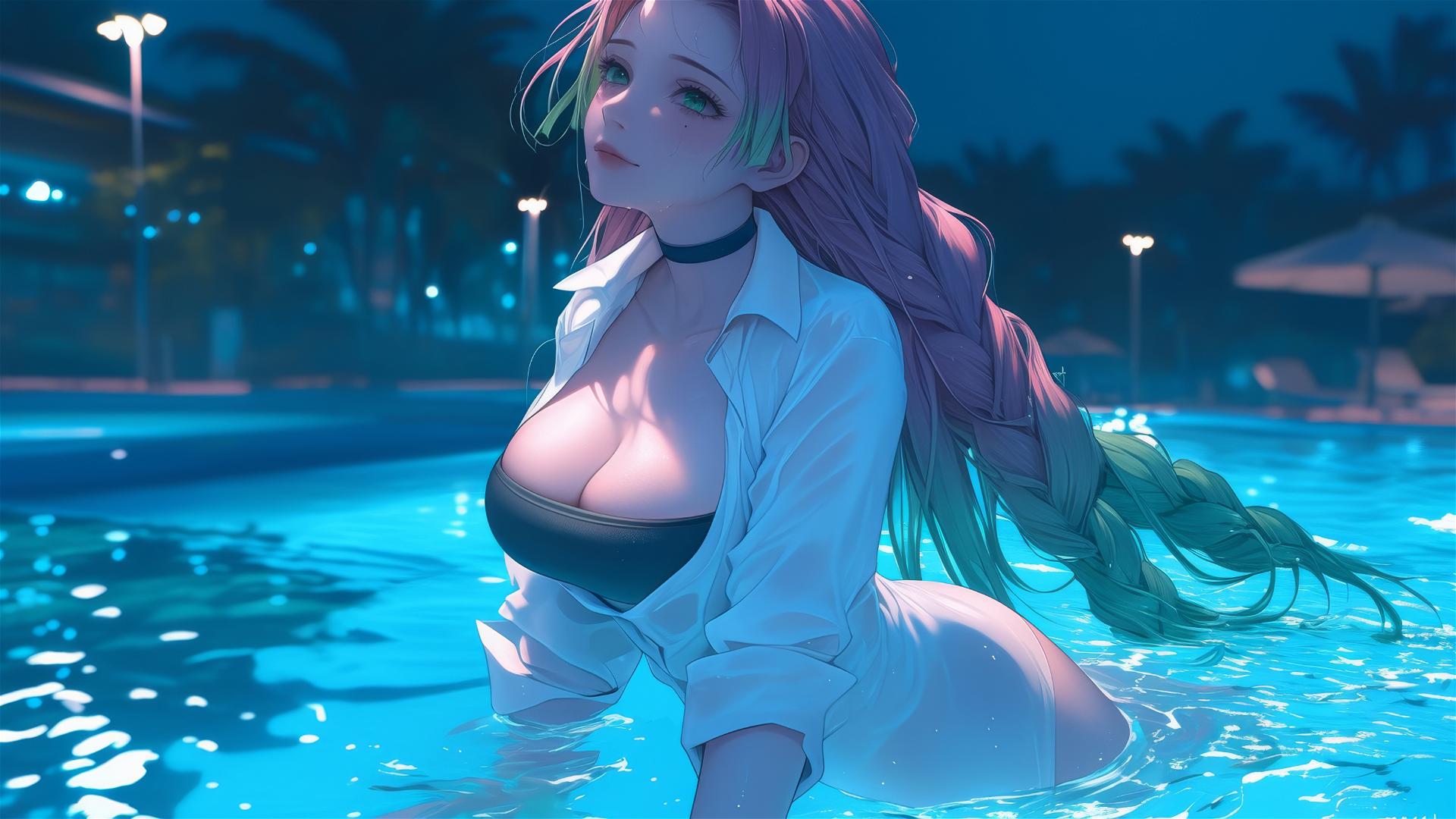 Mitsuri Kanroji jumping out of a swimming pool under moonlight, wearing a white office shirt with pink and green hair.