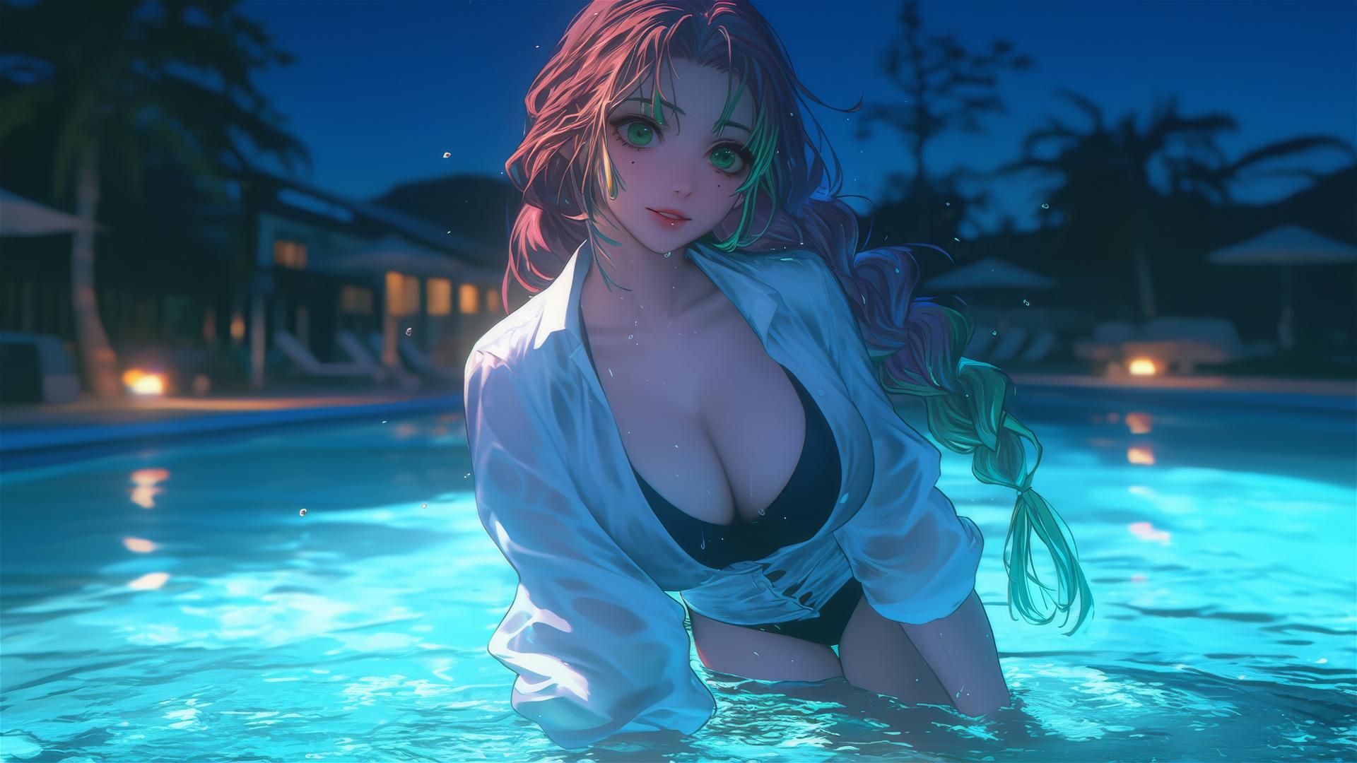 Mitsuri Kanroji from Demon Slayer in a white office shirt jumping out of a swimming pool under moonlight with pink to lime green hair.