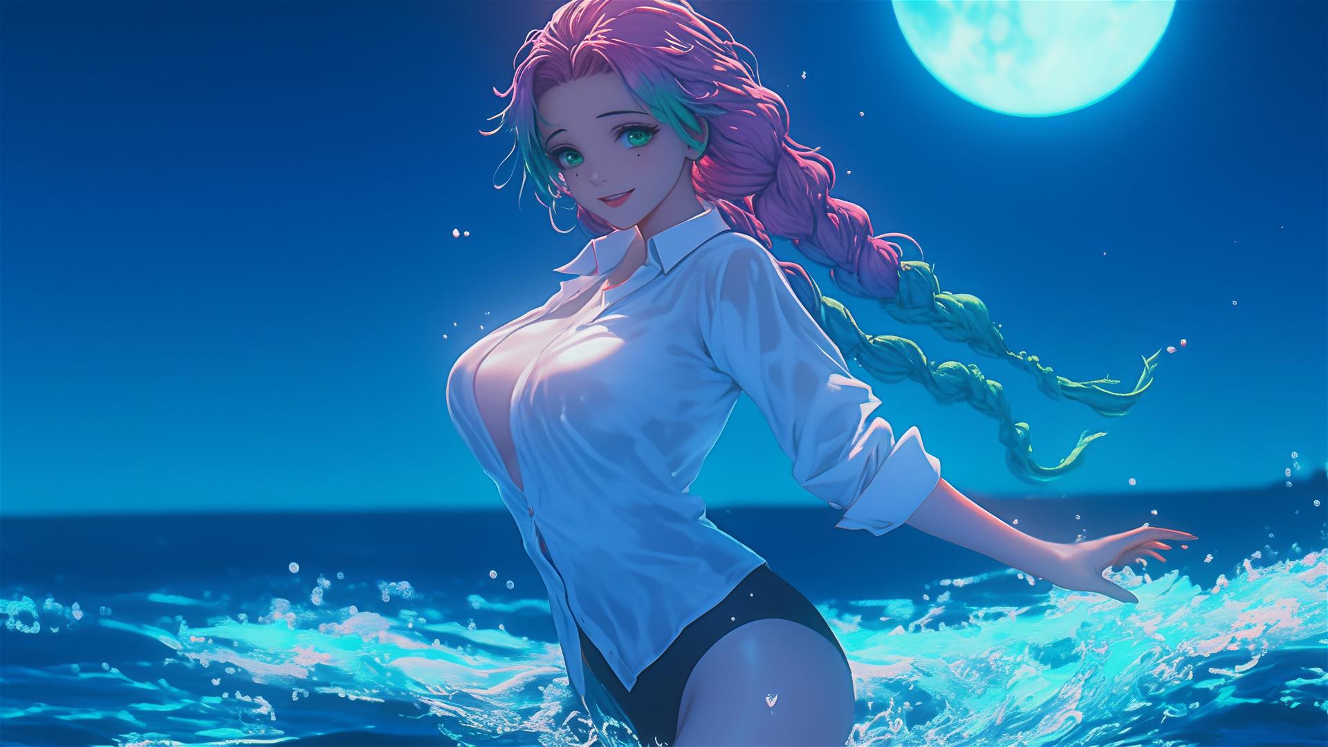 Mitsuri Kanroji from Demon Slayer in a white office shirt jumping out of a swimming pool under moonlight with light pink to lime green hair.