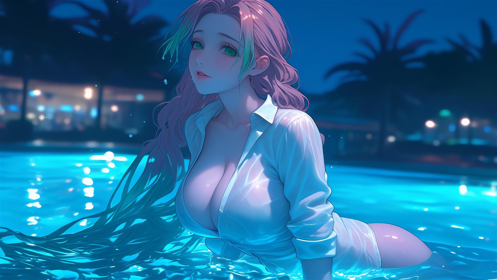 Mitsuri Kanroji with pink and green hair, in a white shirt, jumping out of a pool at night.