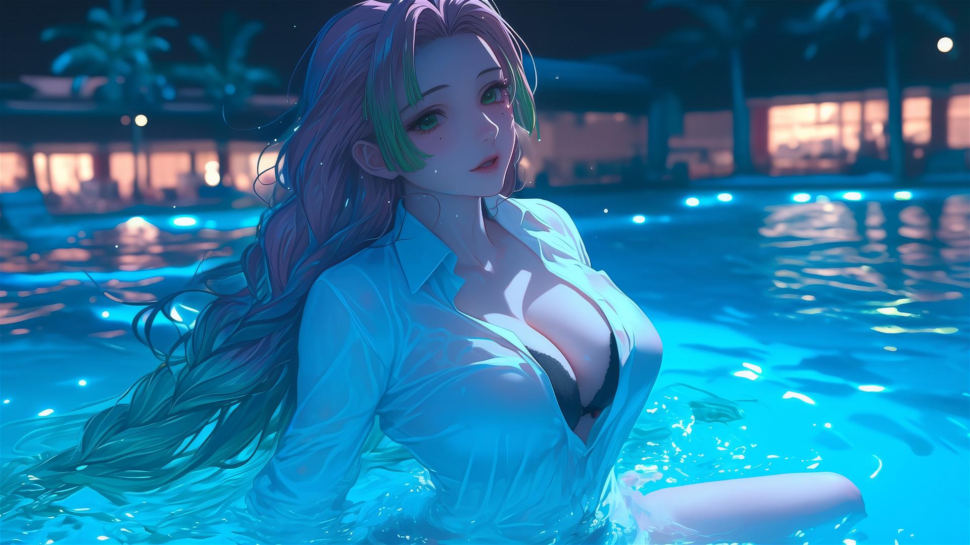 Mitsuri Kanroji jumps from a pool under moonlight, pink and green hair