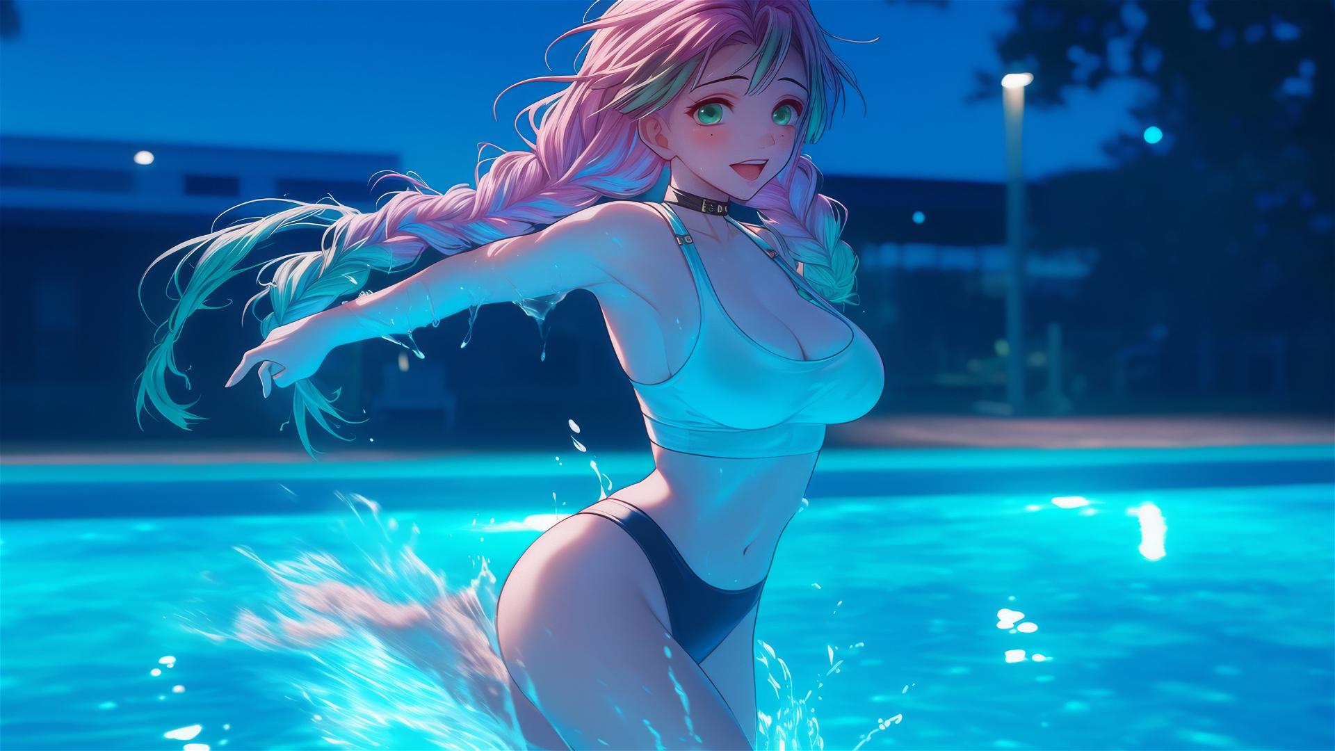 Mitsuri Kanroji from Demon Slayer jumping out of a swimming pool under moonlight with pink and lime green hair.