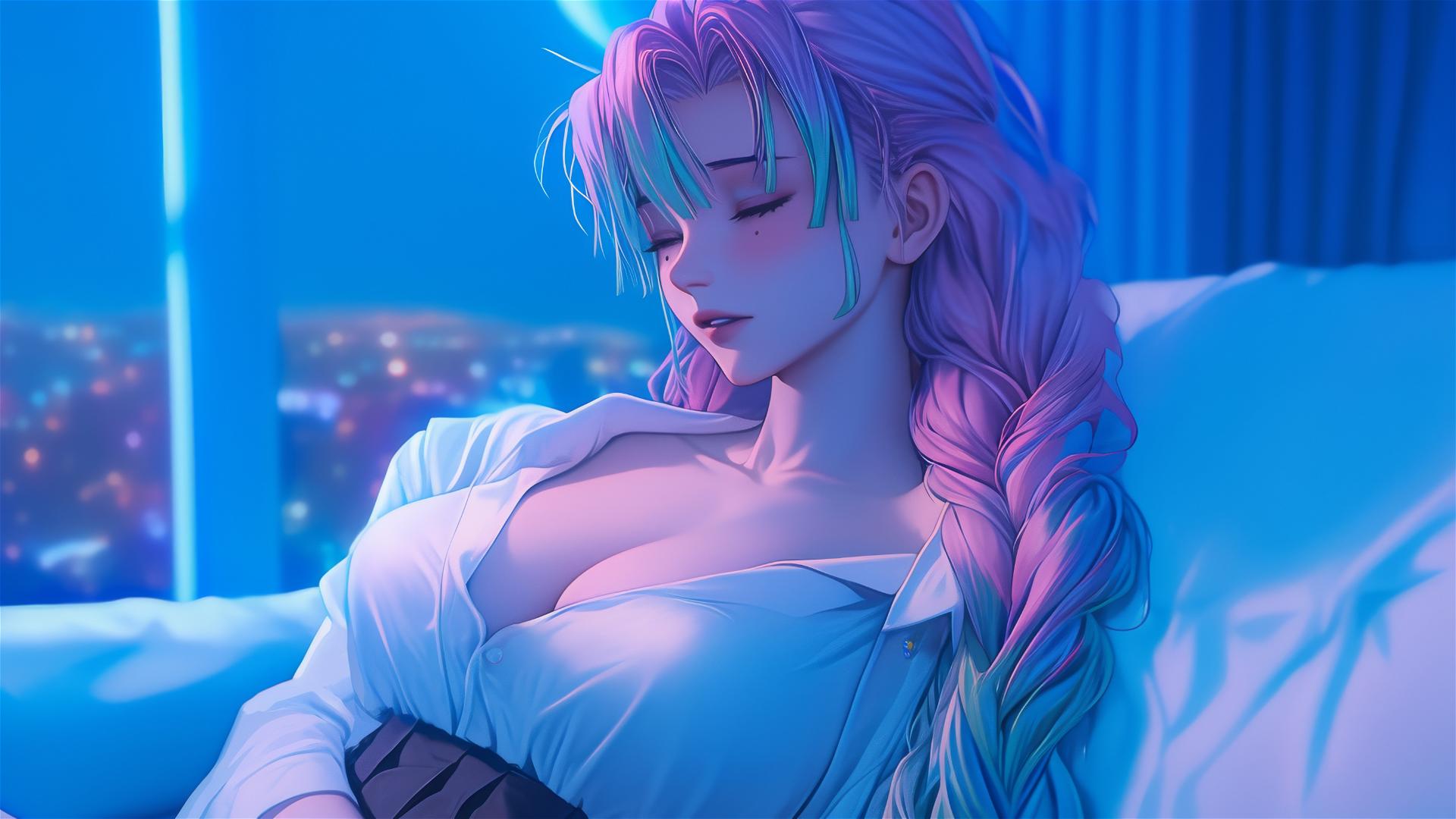 Mitsuri Kanroji from Demon Slayer in modern hotel room illuminated by moonlight
