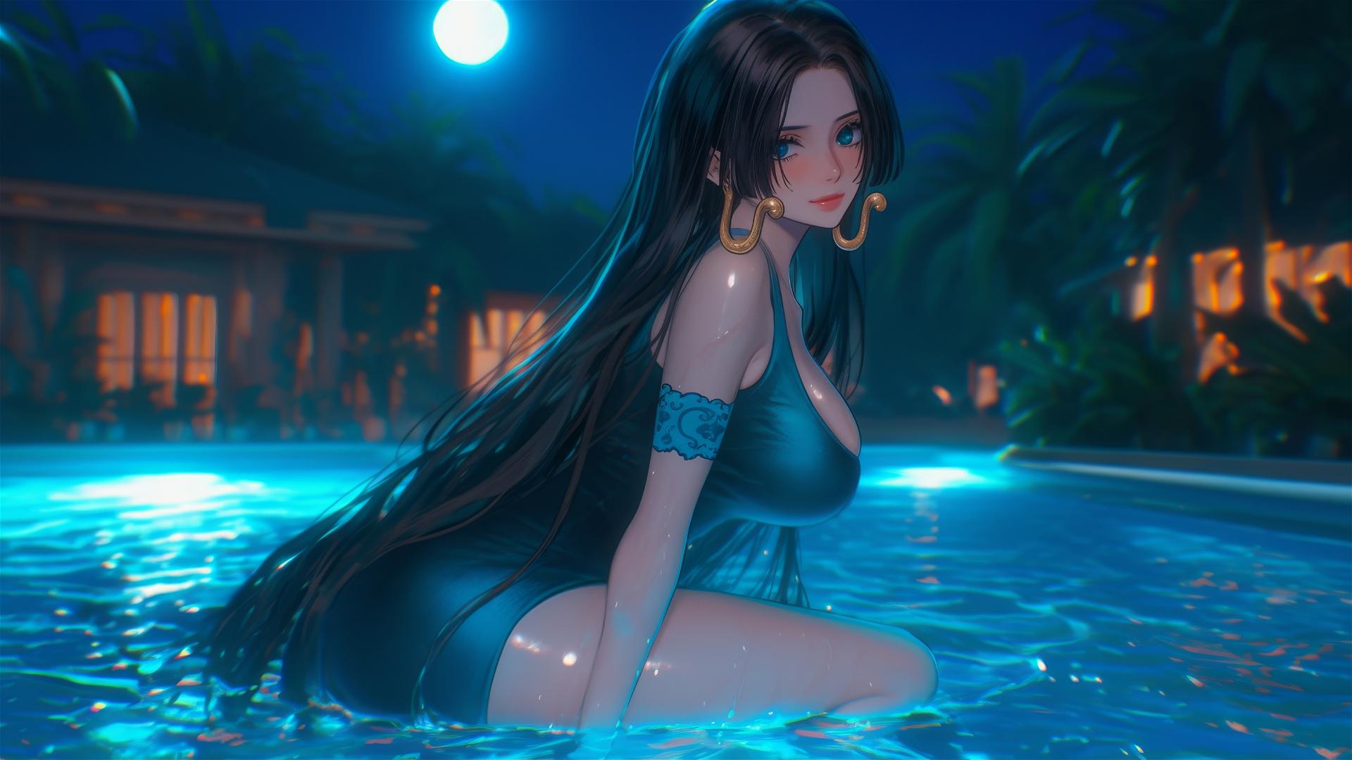 Boa Hancock jumping high out of a swimming pool under moonlight