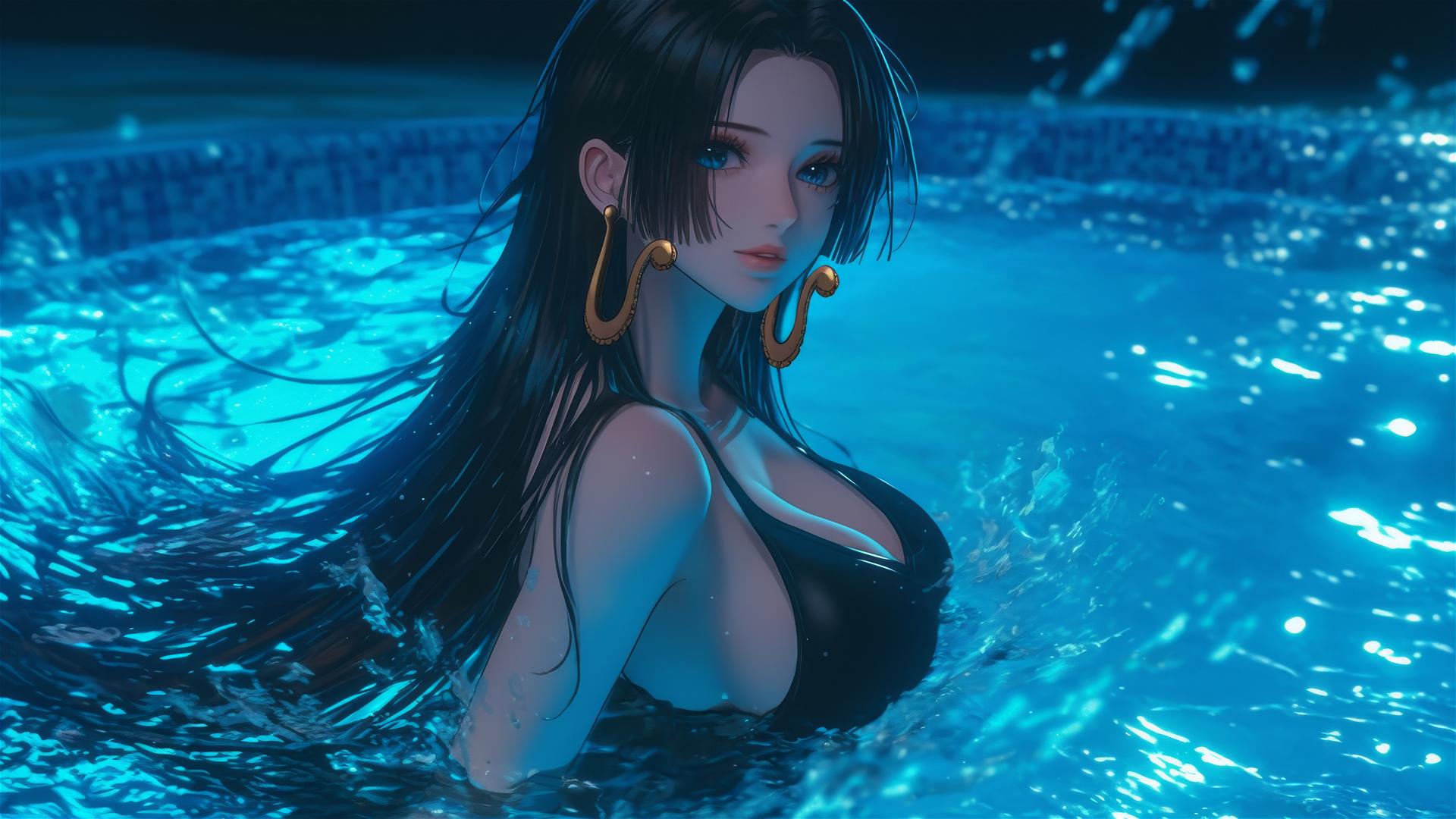 Boa Hancock from One Piece jumping out of a pool under moonlight.
