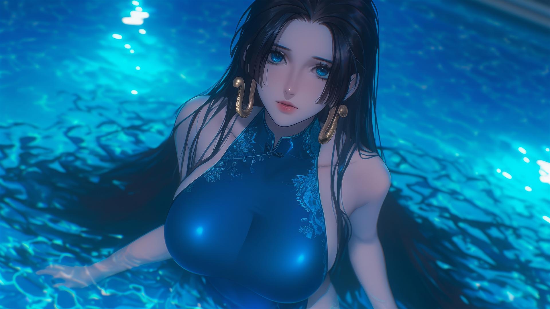 Boa Hancock from One Piece leaps from the pool under moonlight