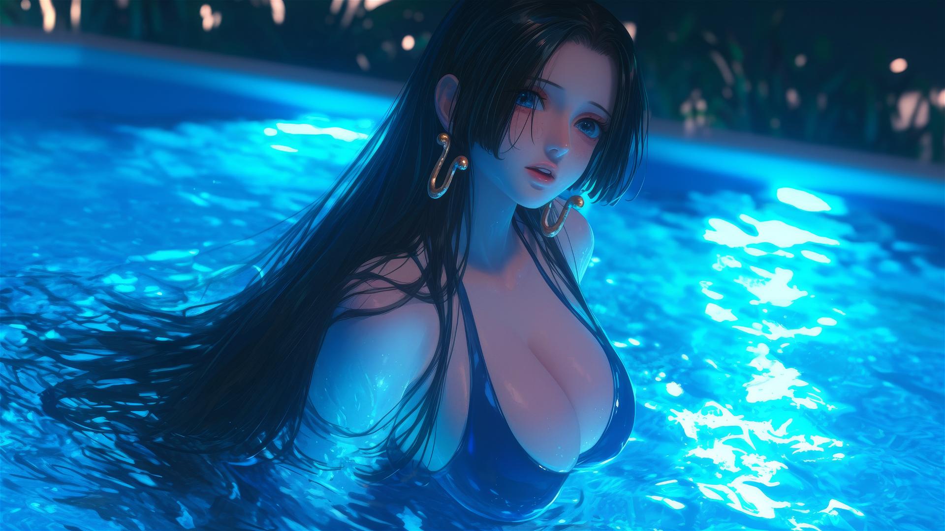 Boa Hancock from One Piece jumping high out of a swimming pool under moonlight.