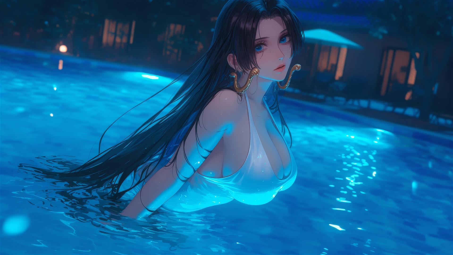 Boa Hancock jumping from pool under moonlight